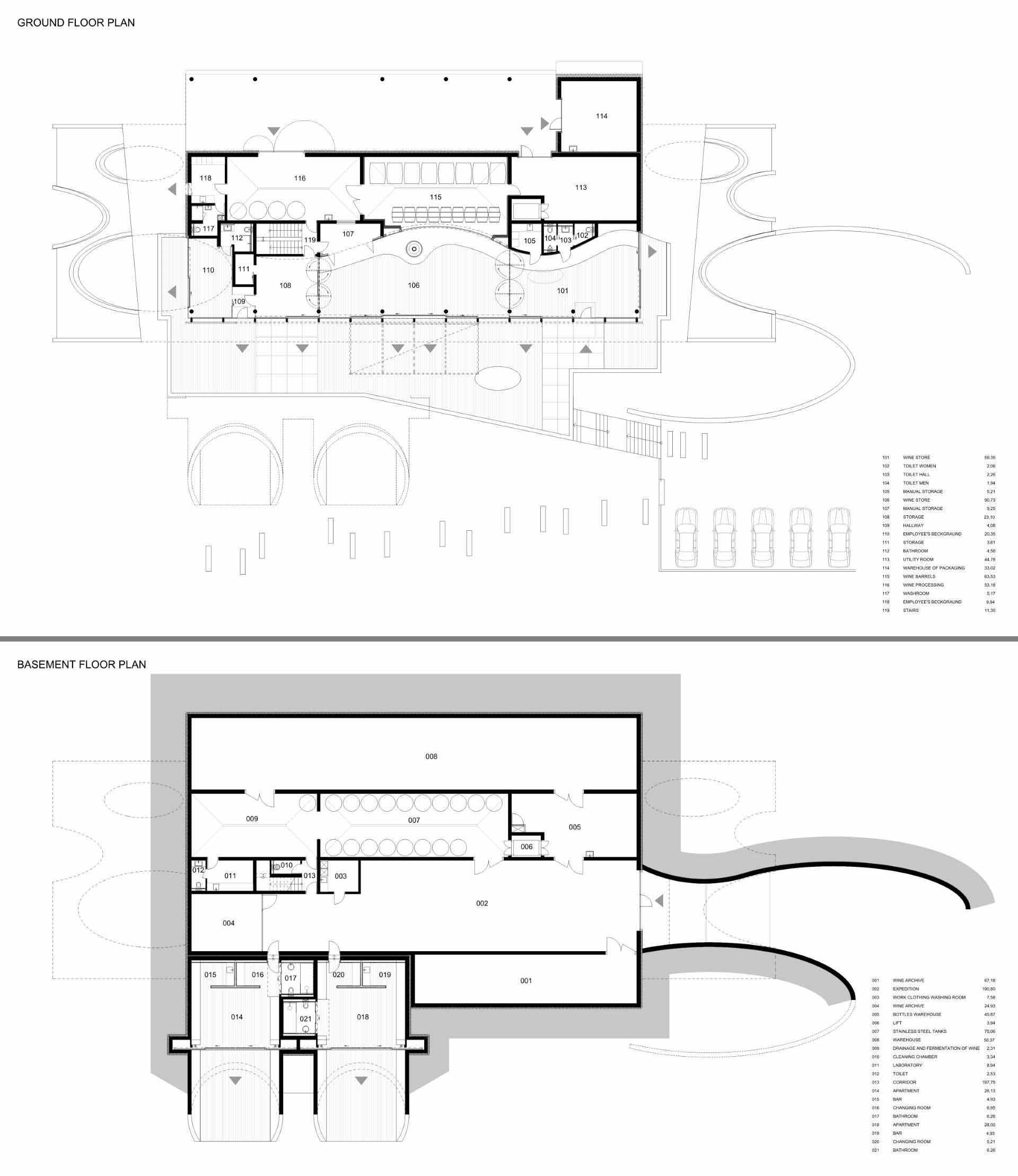 The floor plan of a modern winery with a curved roof.