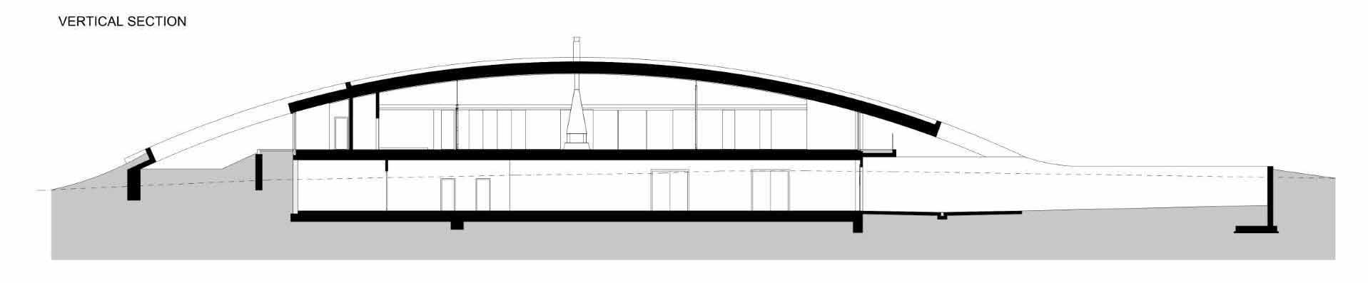 The architectural drawings of a modern winery with a curved roof.