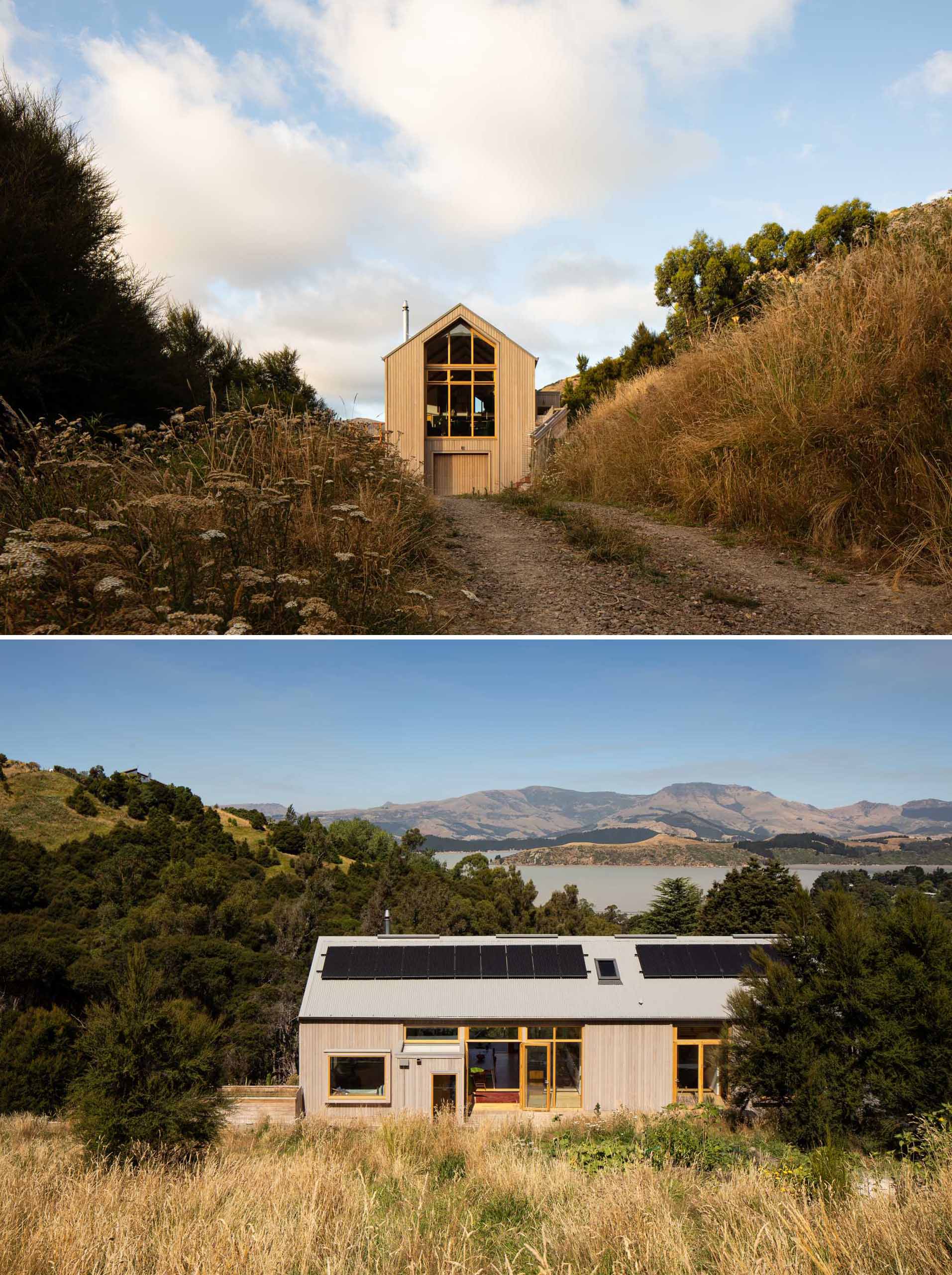 A modern wood home with a gable form.