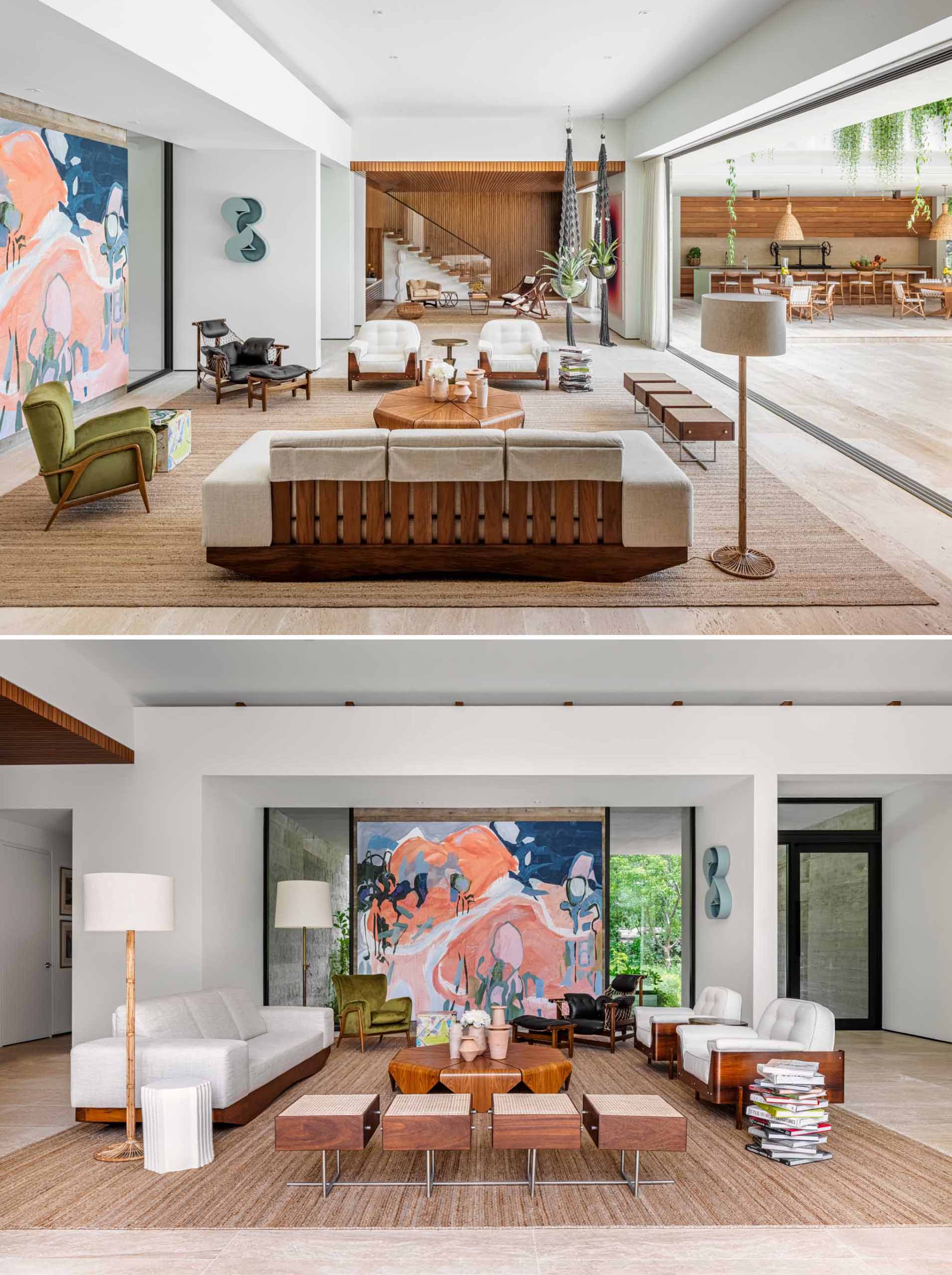 This modern living room includes a Janaina Tschäpe painting, Amir Nikravan sculpture, Jorge Zalszupin coffee table, and Jean Gillon armchairs.