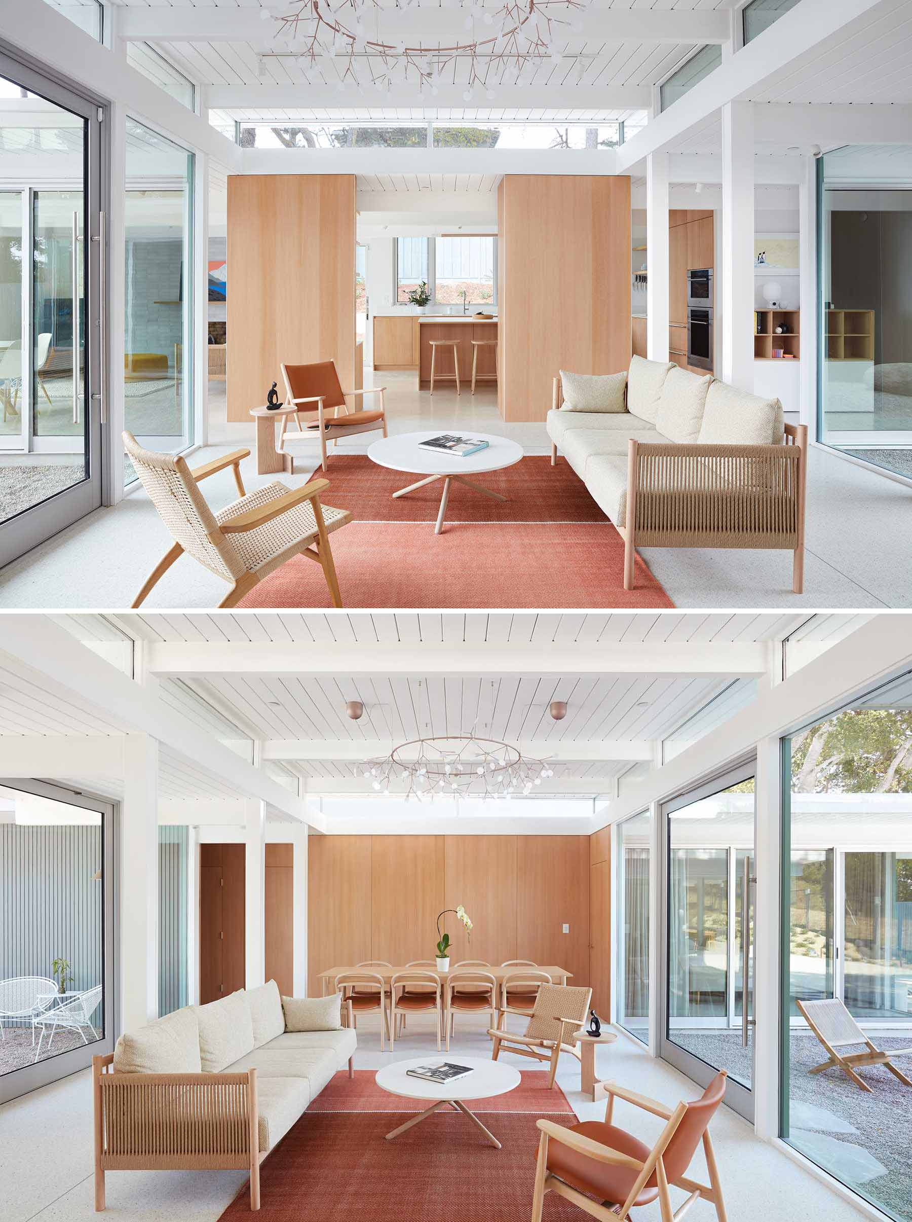 A remodeled Eichler home with cream-colored terrazzo floor, light ceilings, natural wood, and a muted palette.