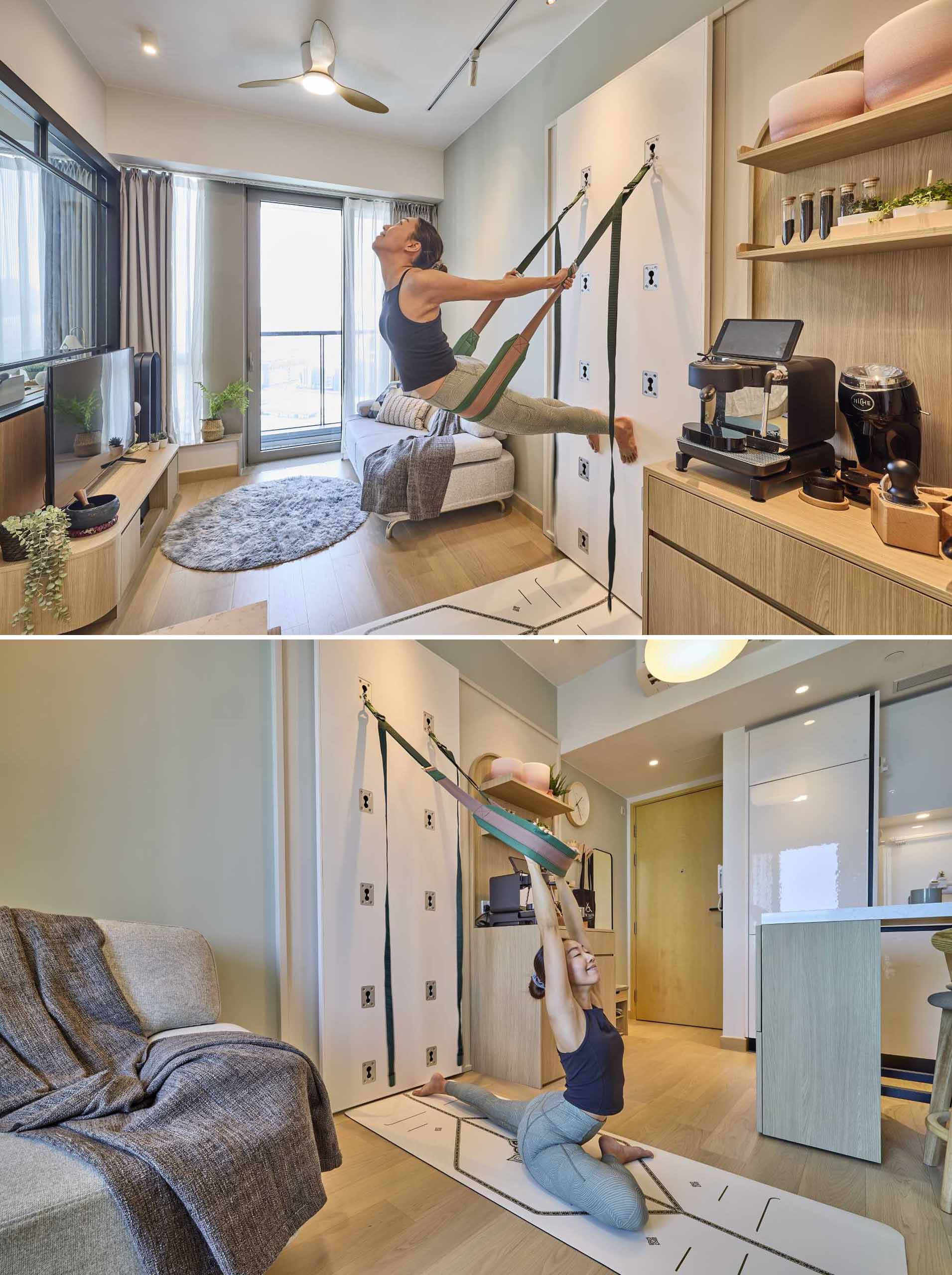 A small apartment includes safe and secured yoga wall with rope hooks and belts allows yoga to be practiced at home