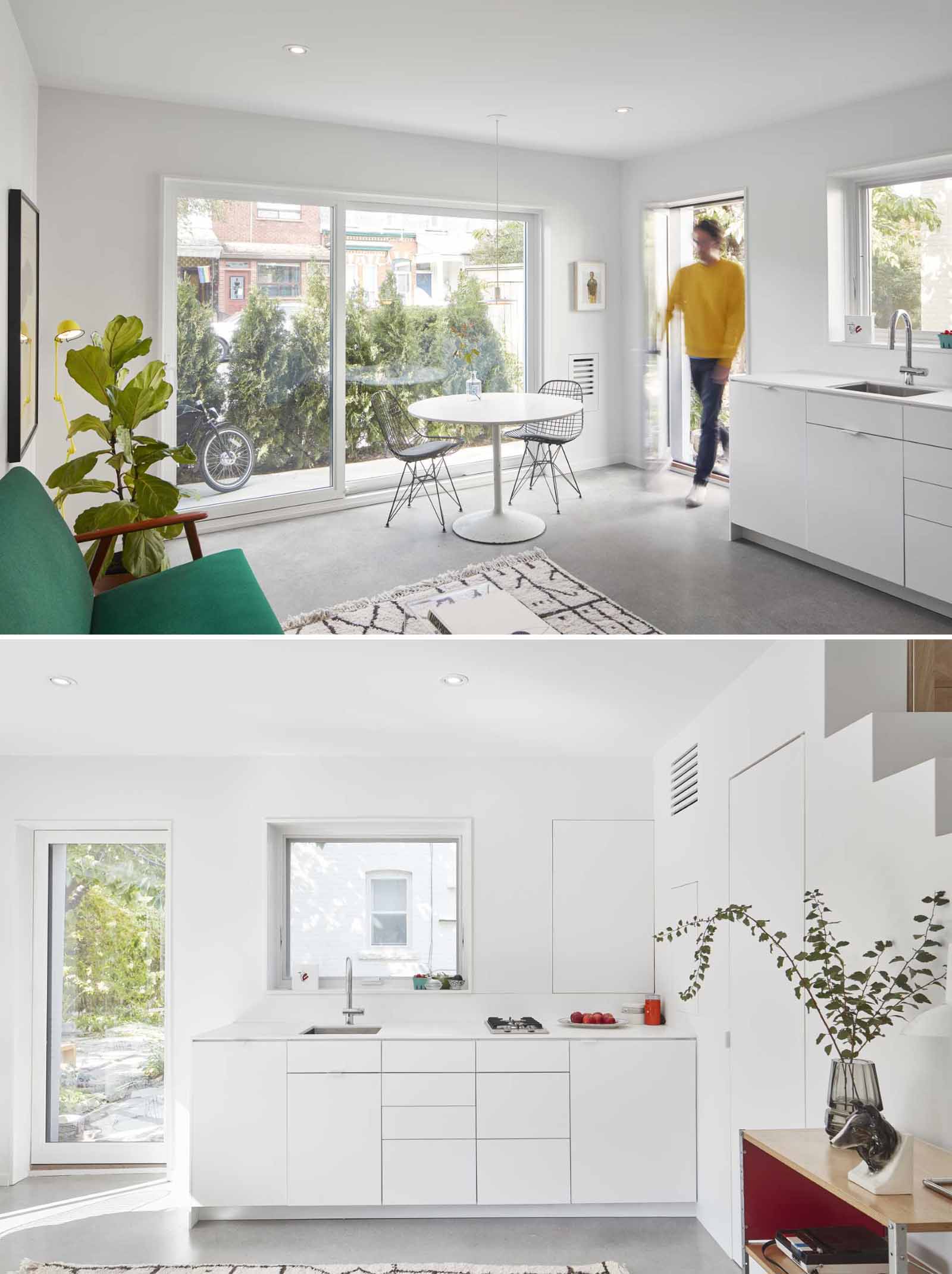 The main floor of a small laneway house includes a dining area, kitchen, living space, and bathroom.