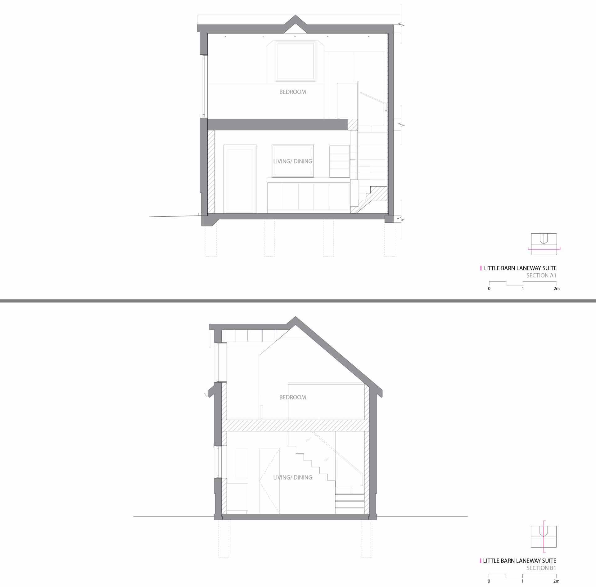 Architectural drawings for a small laneway house.