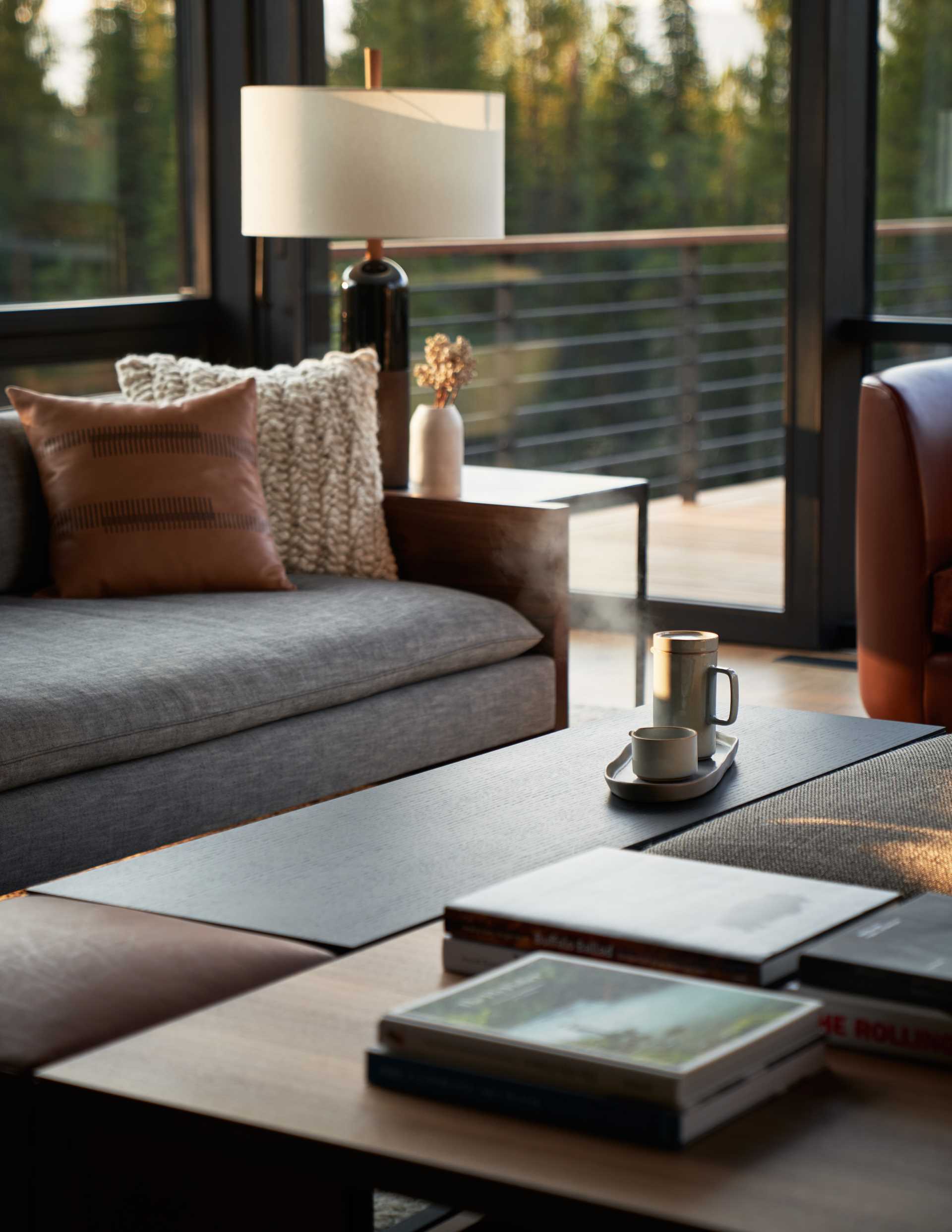 A contemporary living room in a mountain retreat.