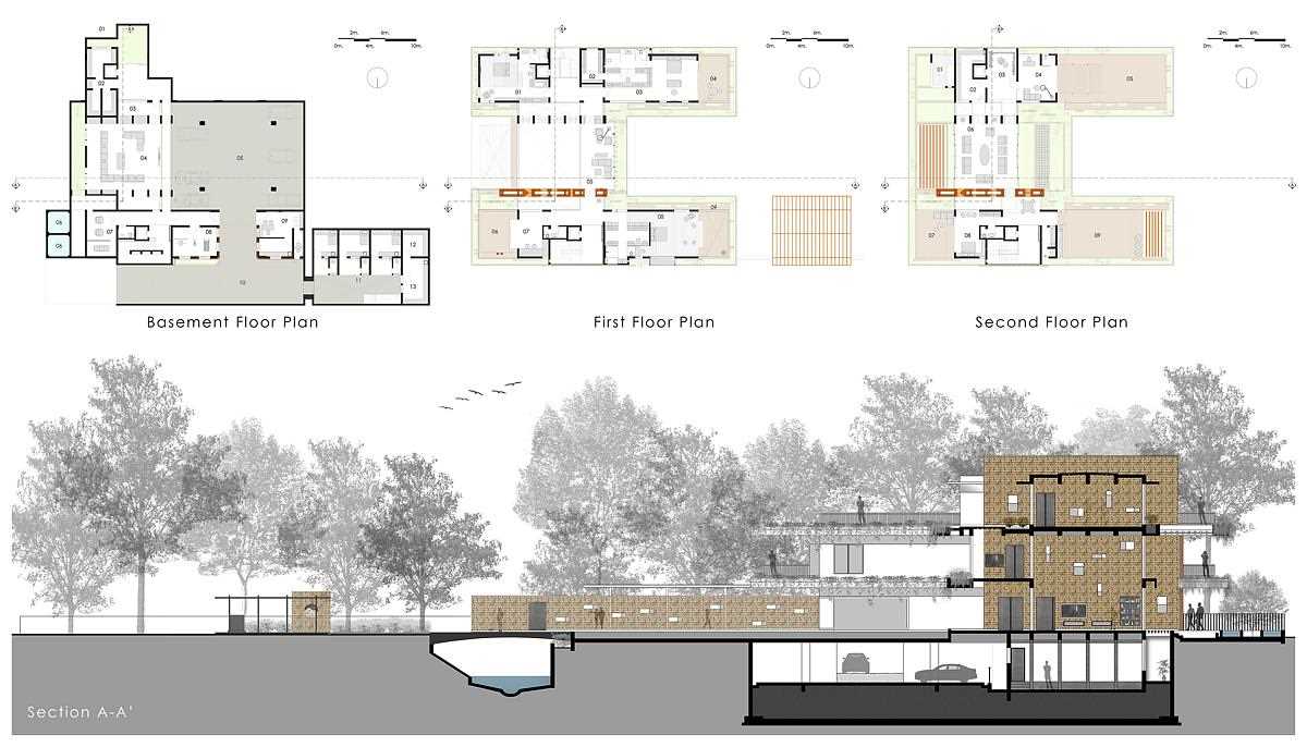 The floor plans and section of an H-shaped home.