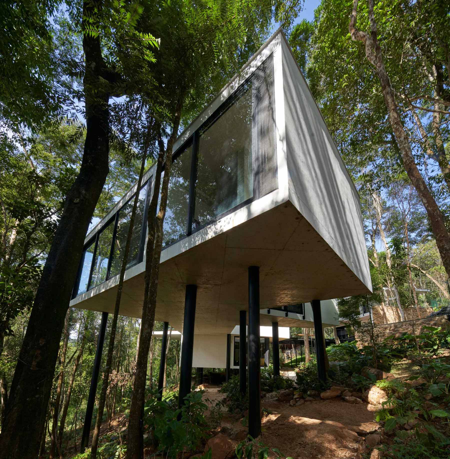 A modern house with a white exterior sits atop black stilts in the rainforest of Nova Lima, Brazil.