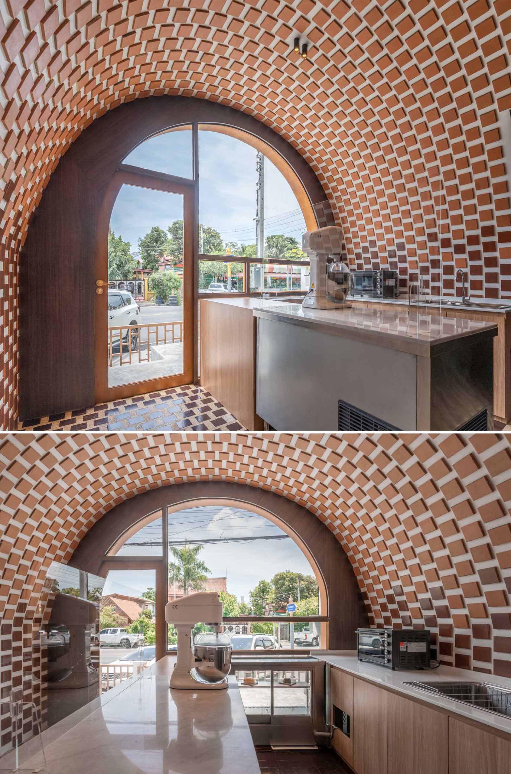 A small cafe with facade that features an arched window detail, and an interior with gradient tiles.