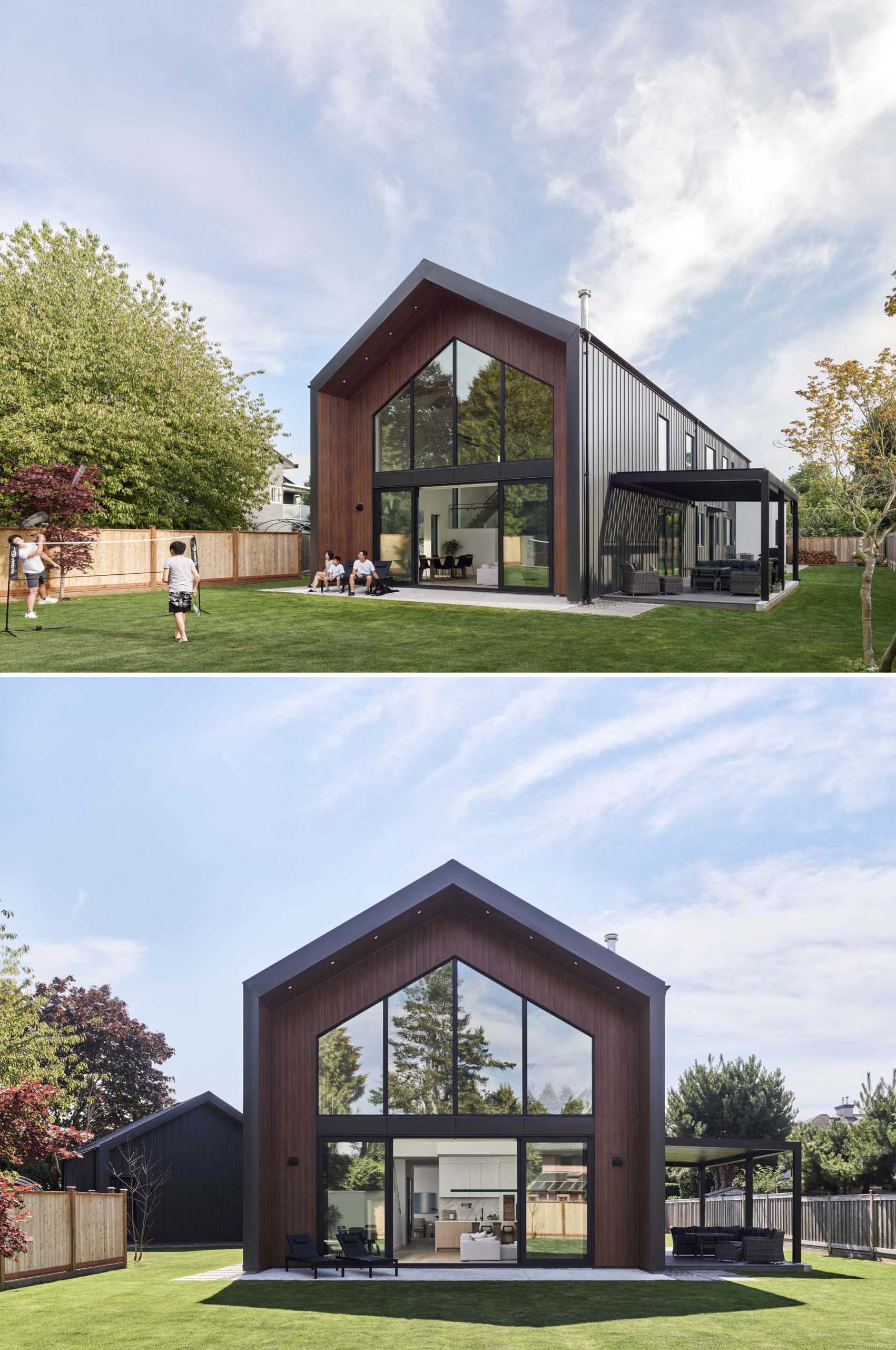 A modern barn house features a vaulted ceiling that reaches a peak height of 25 feet (7m).