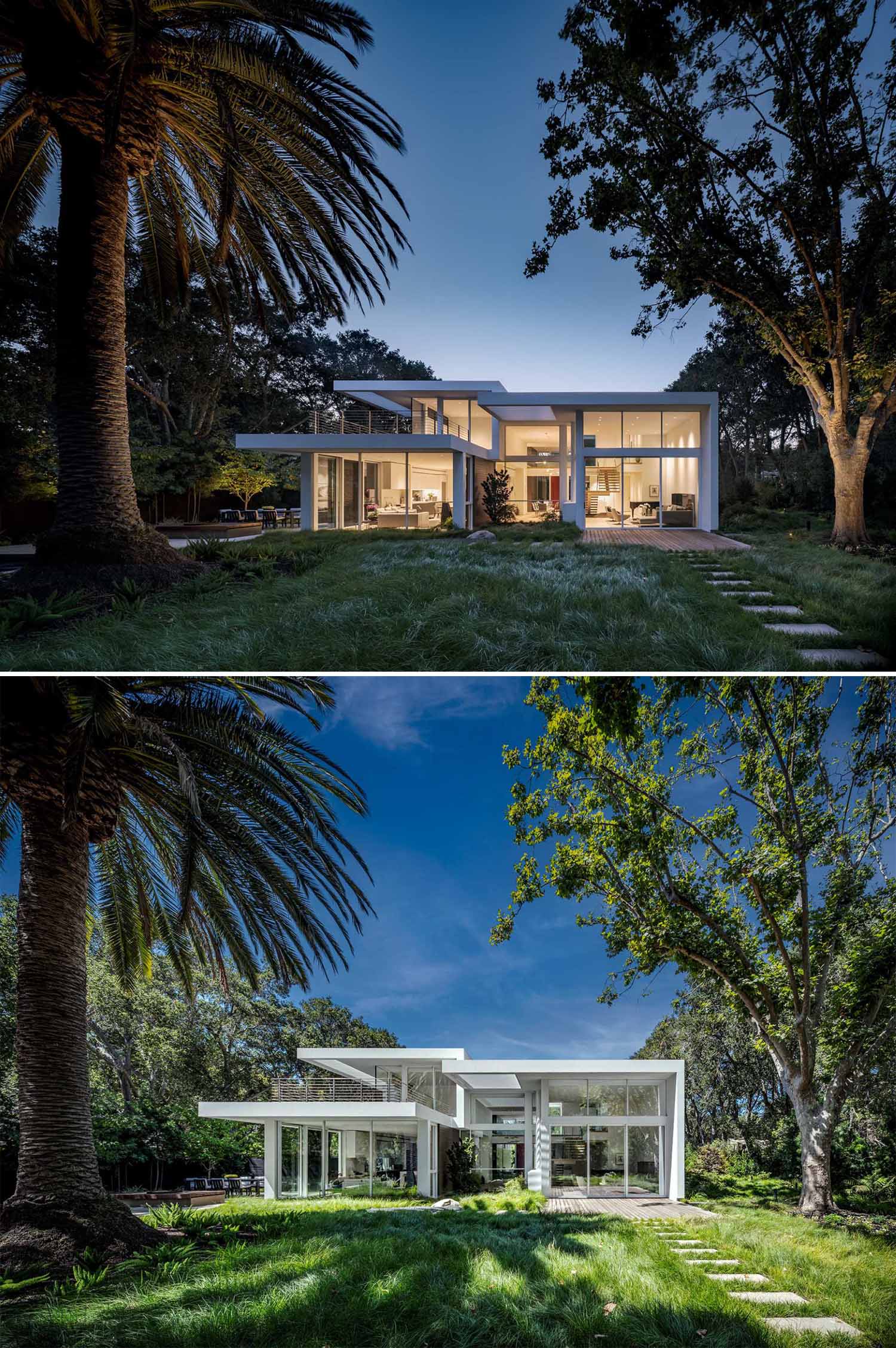 During the day, the large windows allow the natural daylight to filter through to the interior of this modern home.