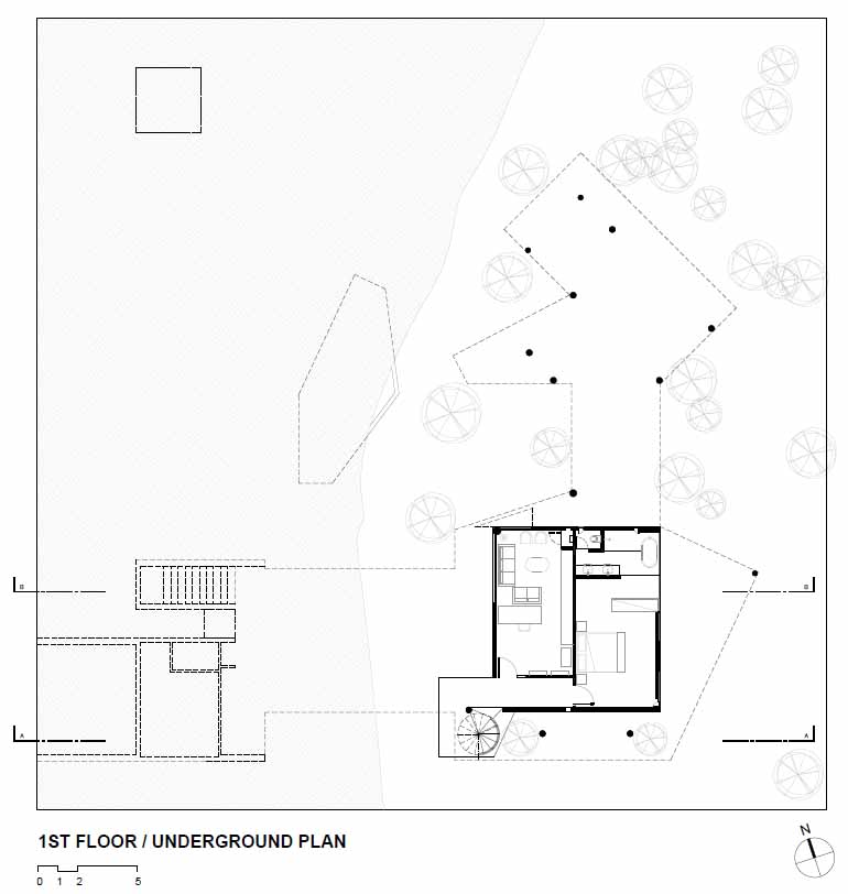 The floor plan of a modern house on stilts.