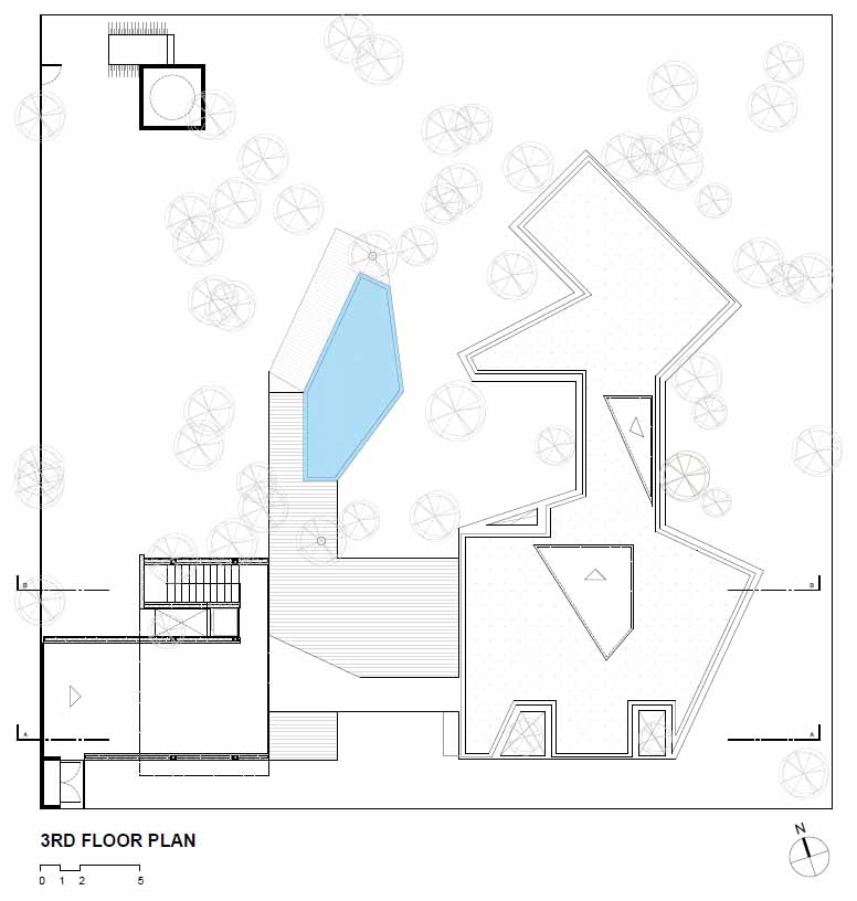 The floor plan of a modern house on stilts.