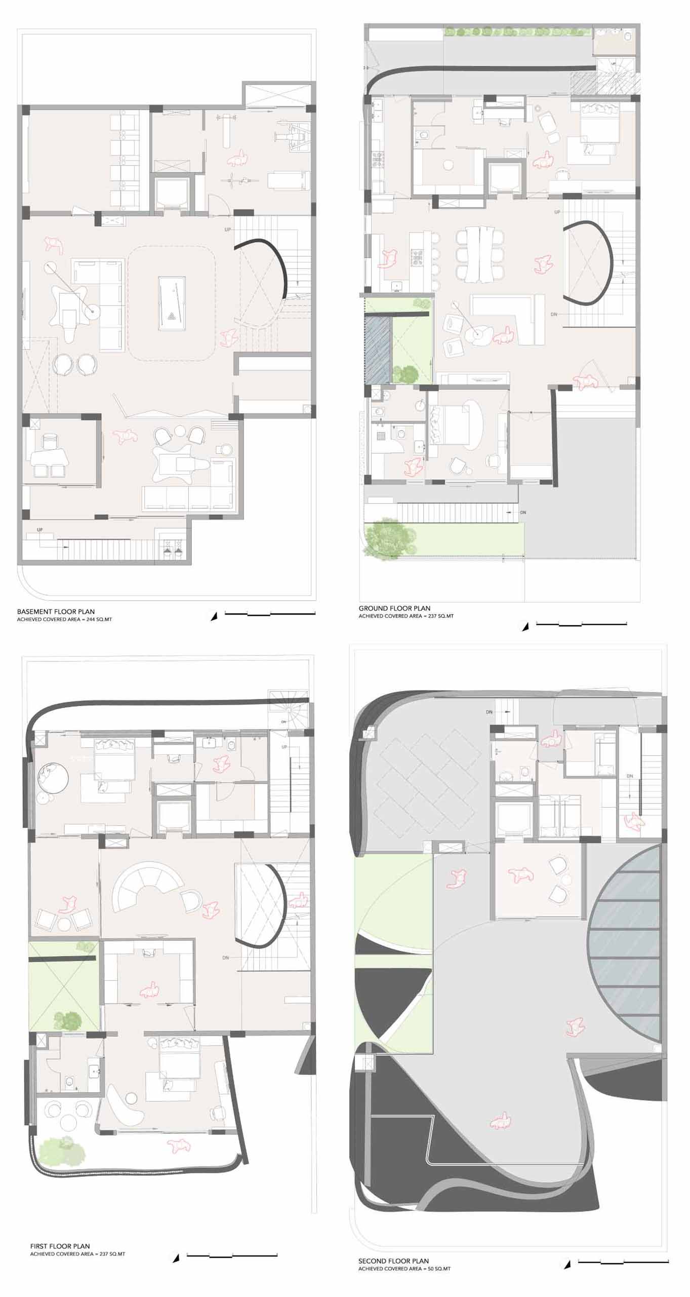 The architectural drawings of a modern house with a sculptural facade.