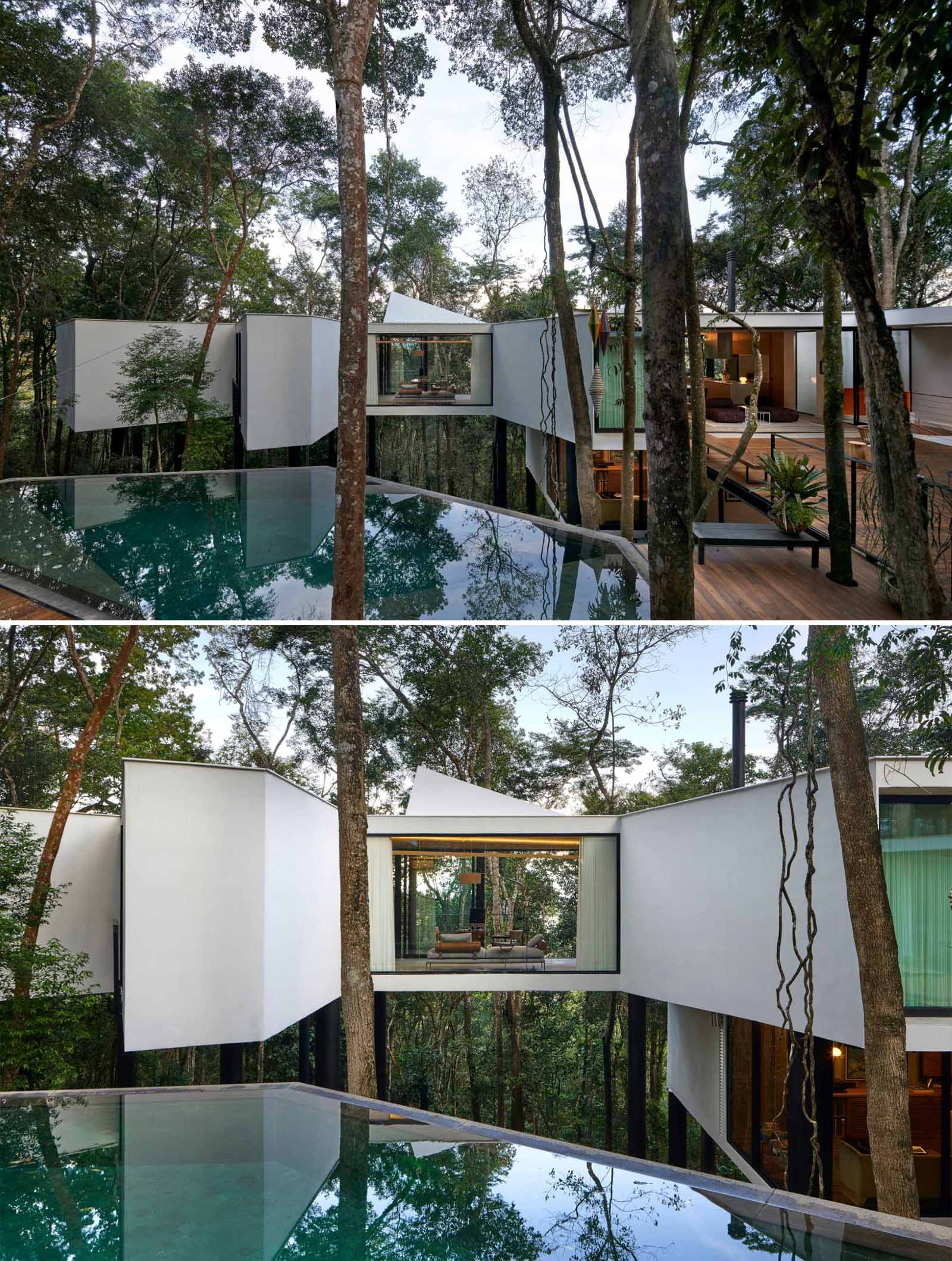 A modern house with a white exterior sits atop black stilts in the rainforest of Nova Lima, Brazil.