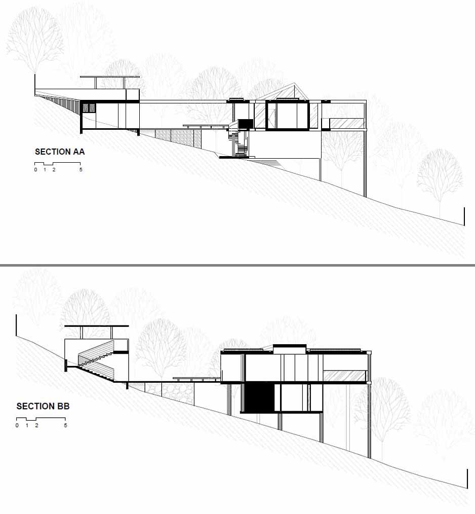 The section drawings of a modern house on stilts.