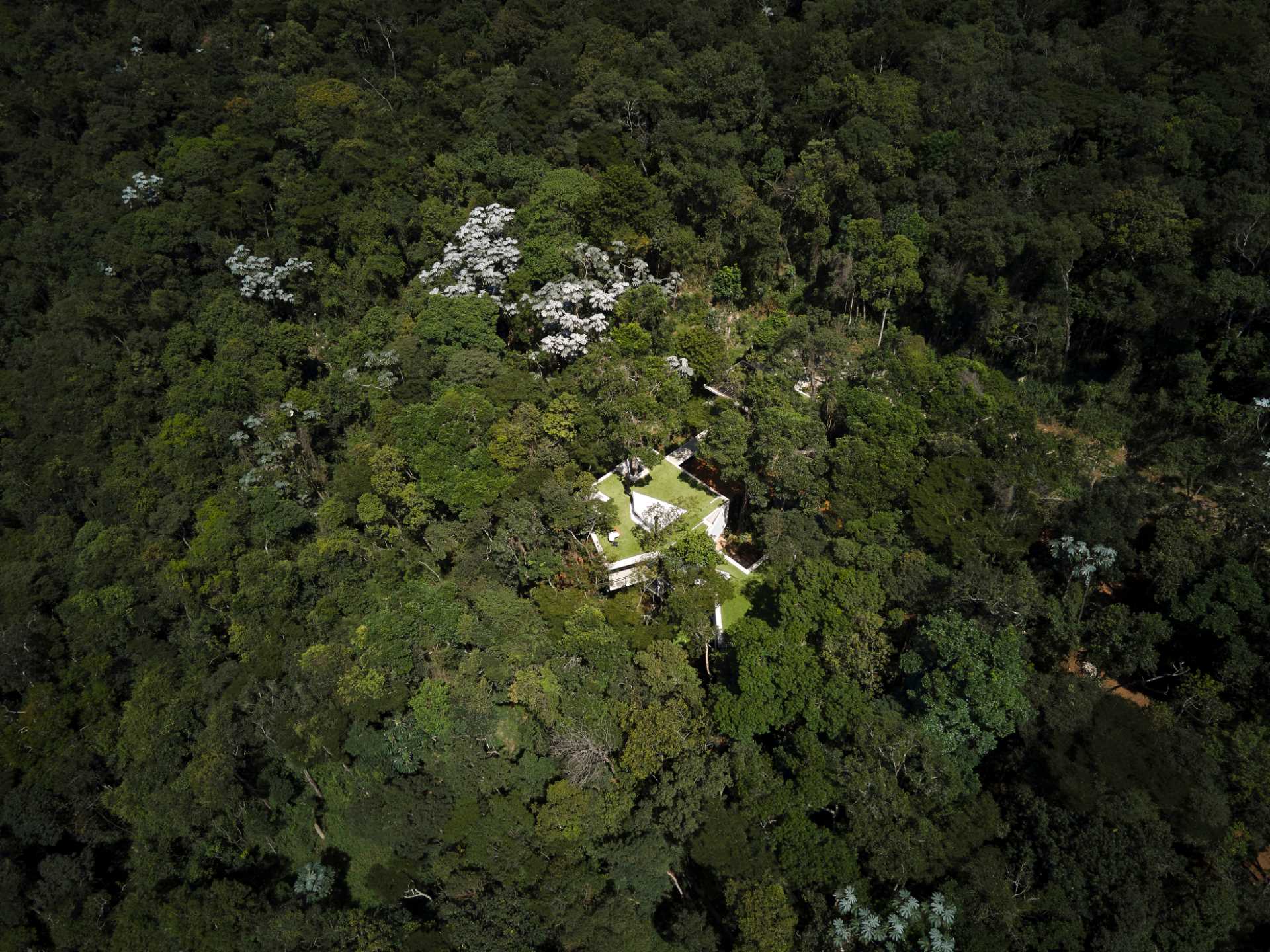 A modern house with a white exterior sits atop black stilts in the rainforest of Nova Lima, Brazil.