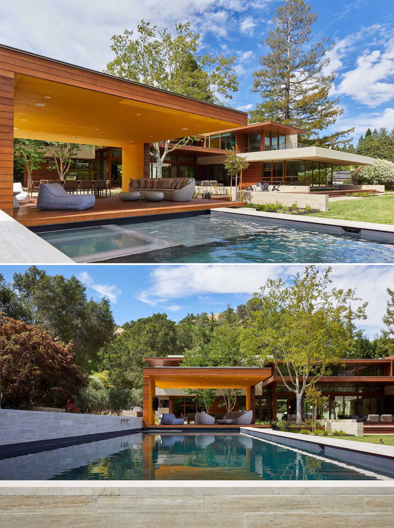 A cabana by the pool creates a shaded outdoor entertaining space.