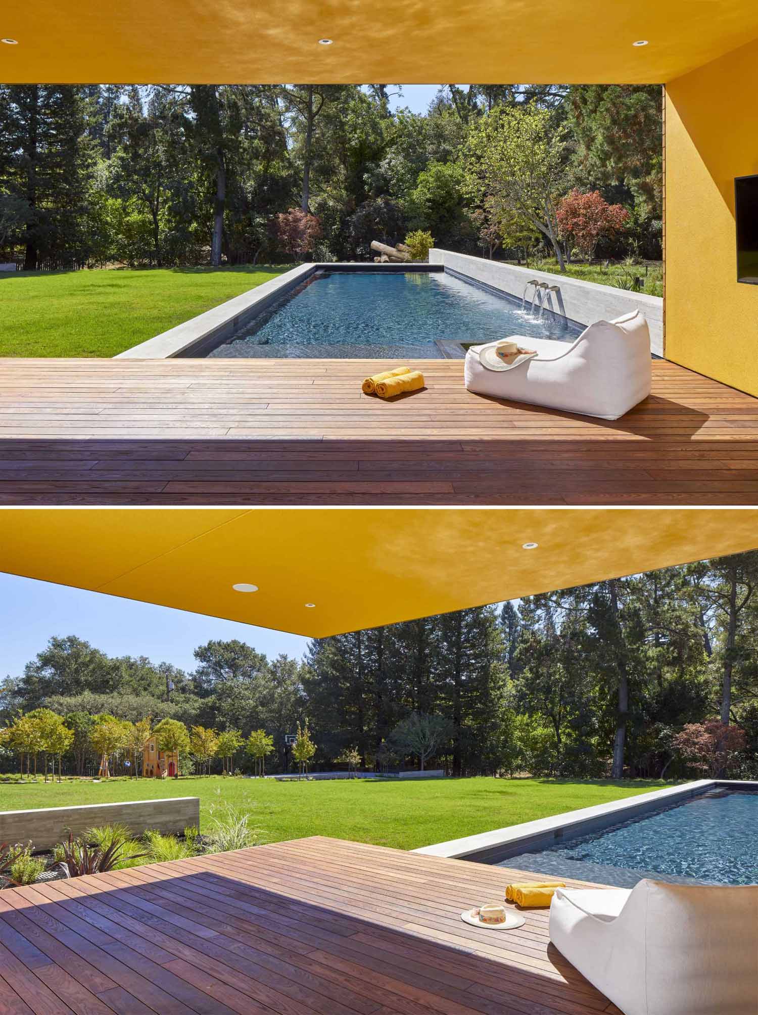 A cabana by the pool creates a shaded outdoor entertaining space.