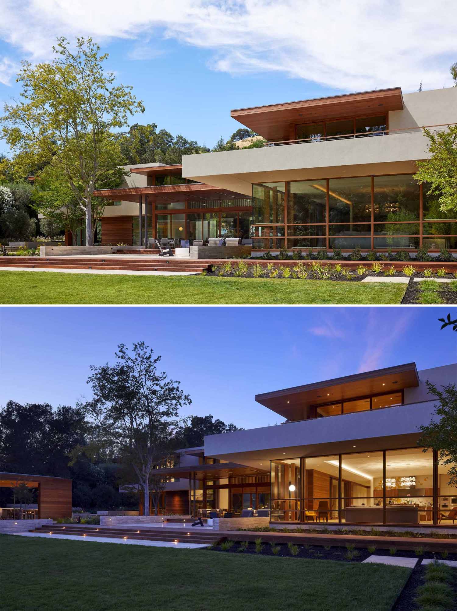 At the rear of this modern home, there's a large covered porch with an outdoor lounge and dining area, as well as a nearby firepit.