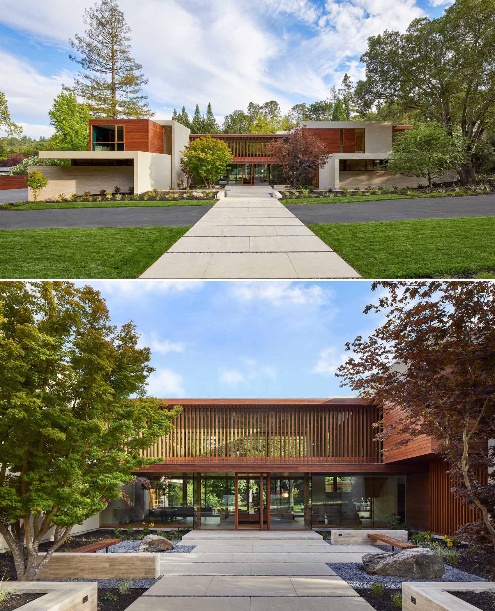 A key design element of this home is the H-shaped layout with an exterior clad in Western Red Cedar siding. A path guides visitors through the entry courtyard to the pivoting glass front door.