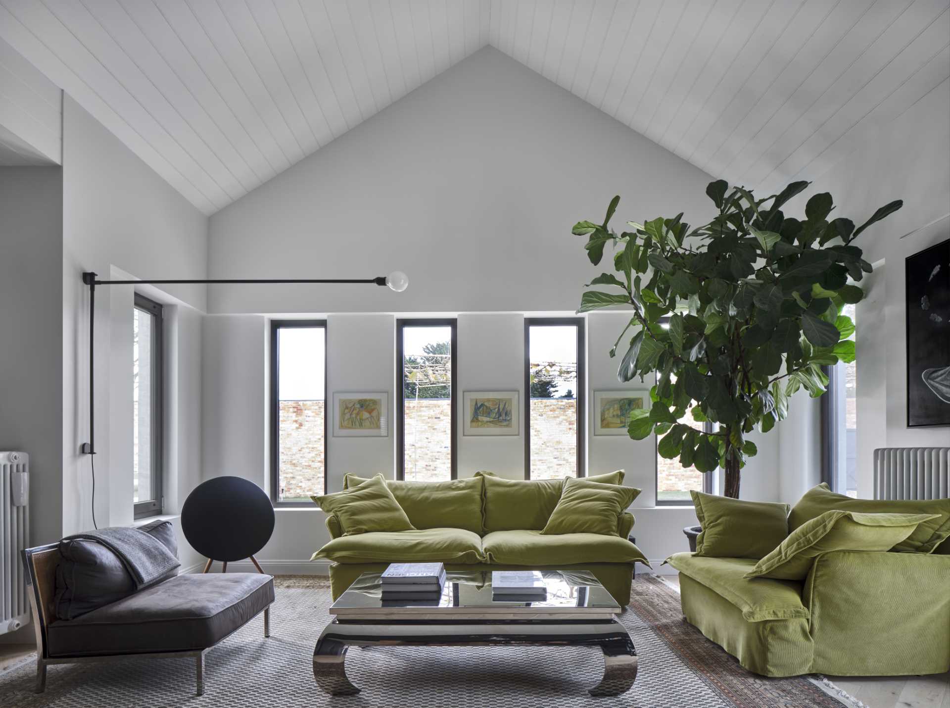 In this modern living room, the white walls contrast the black window frames, and a large plant complements the green seating.