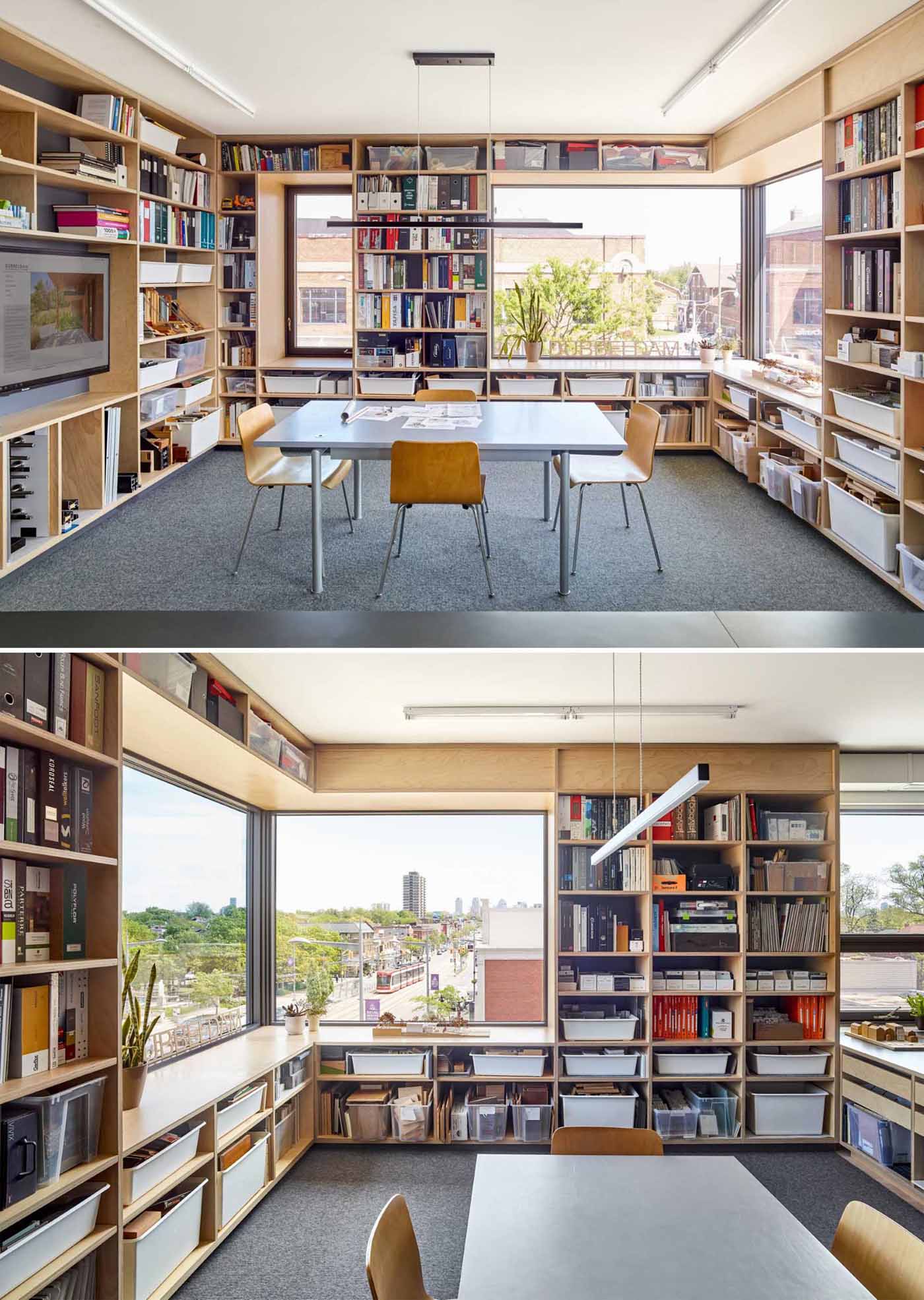 The open workspace includes natural light and passive ventilation offered by the many operable windows, while open shelving provides much-needed storage space.