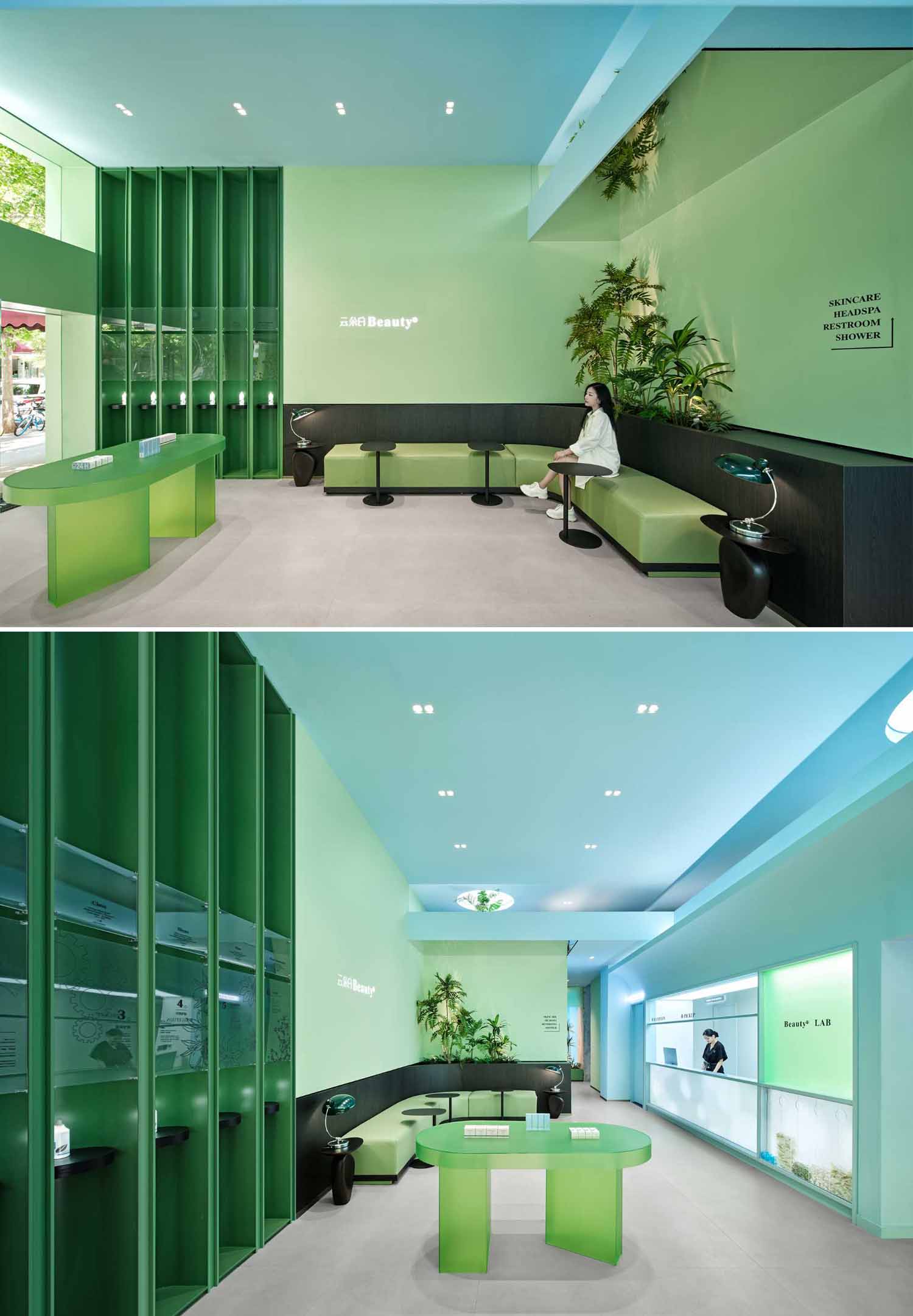 Seizing the opportunity to use color, the designers continued the green facade color through to the interior and the reception area, where it meets a soft blue, creating a sense of calm. 