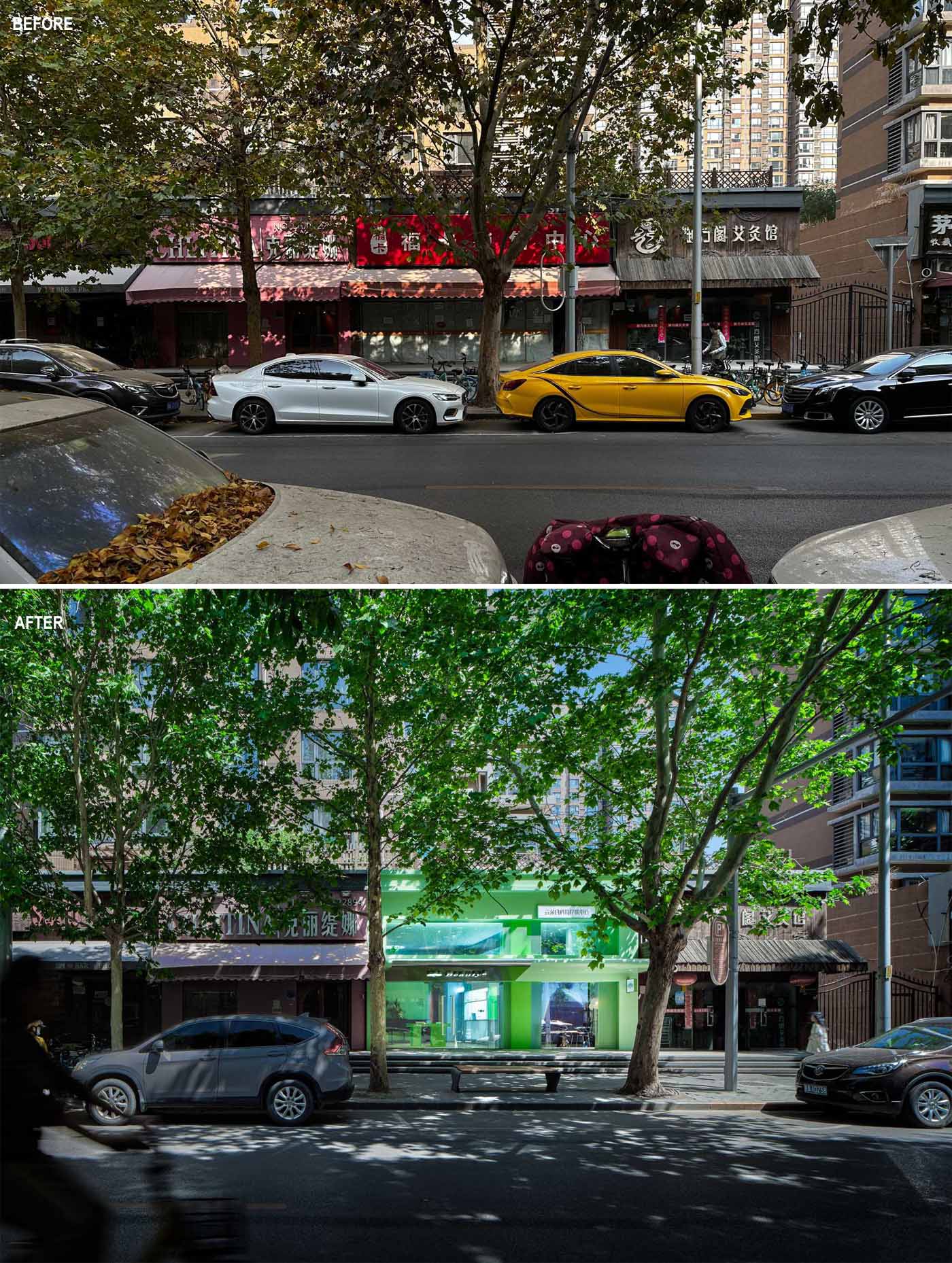 The designers transformed a dark store with a red facade and awning, and transformed it into a bright and open retail design with a green facade and large windows.