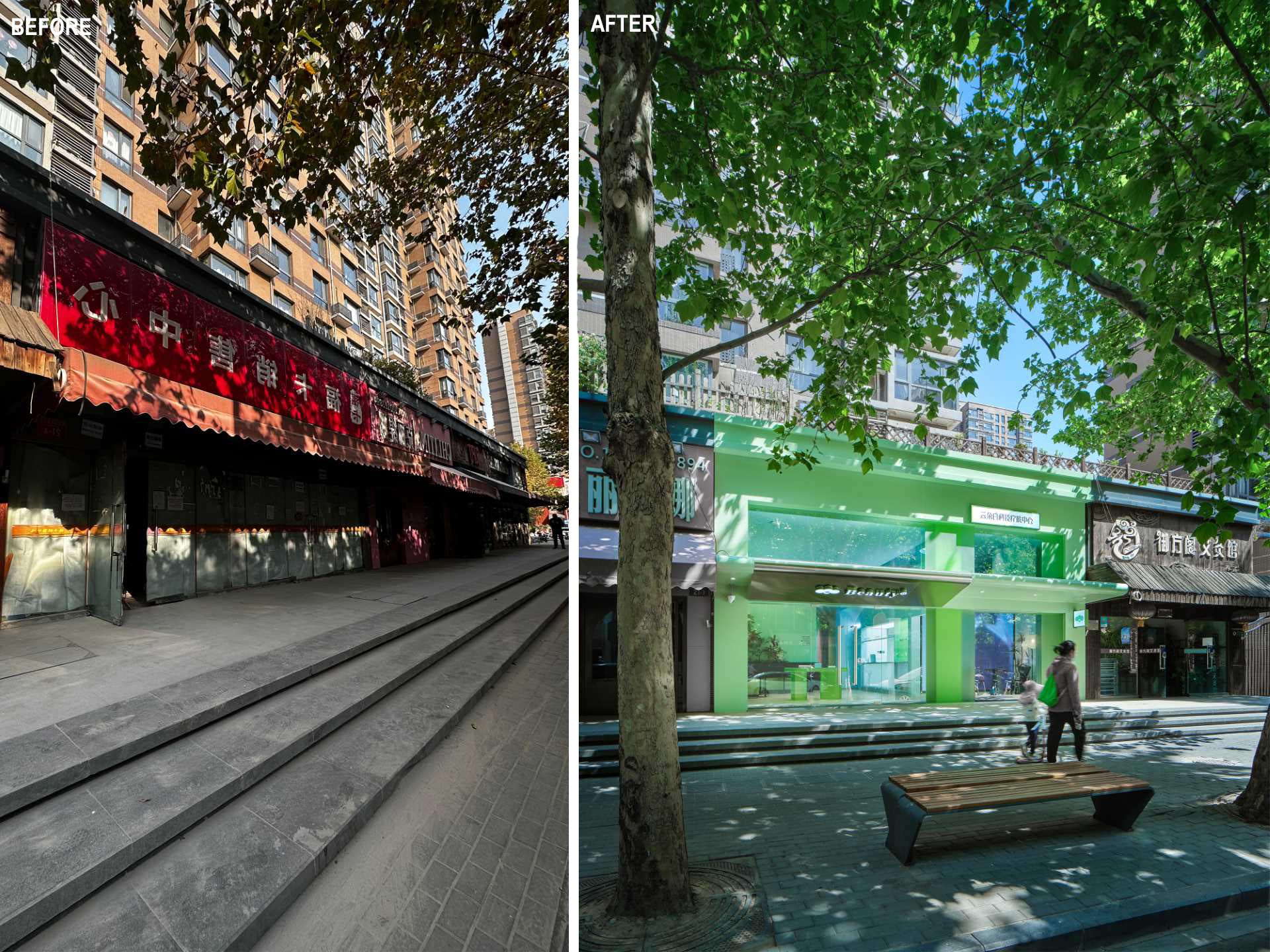 The designers transformed a dark store with a red facade and awning, and transformed it into a bright and open retail design with a green facade and large windows.