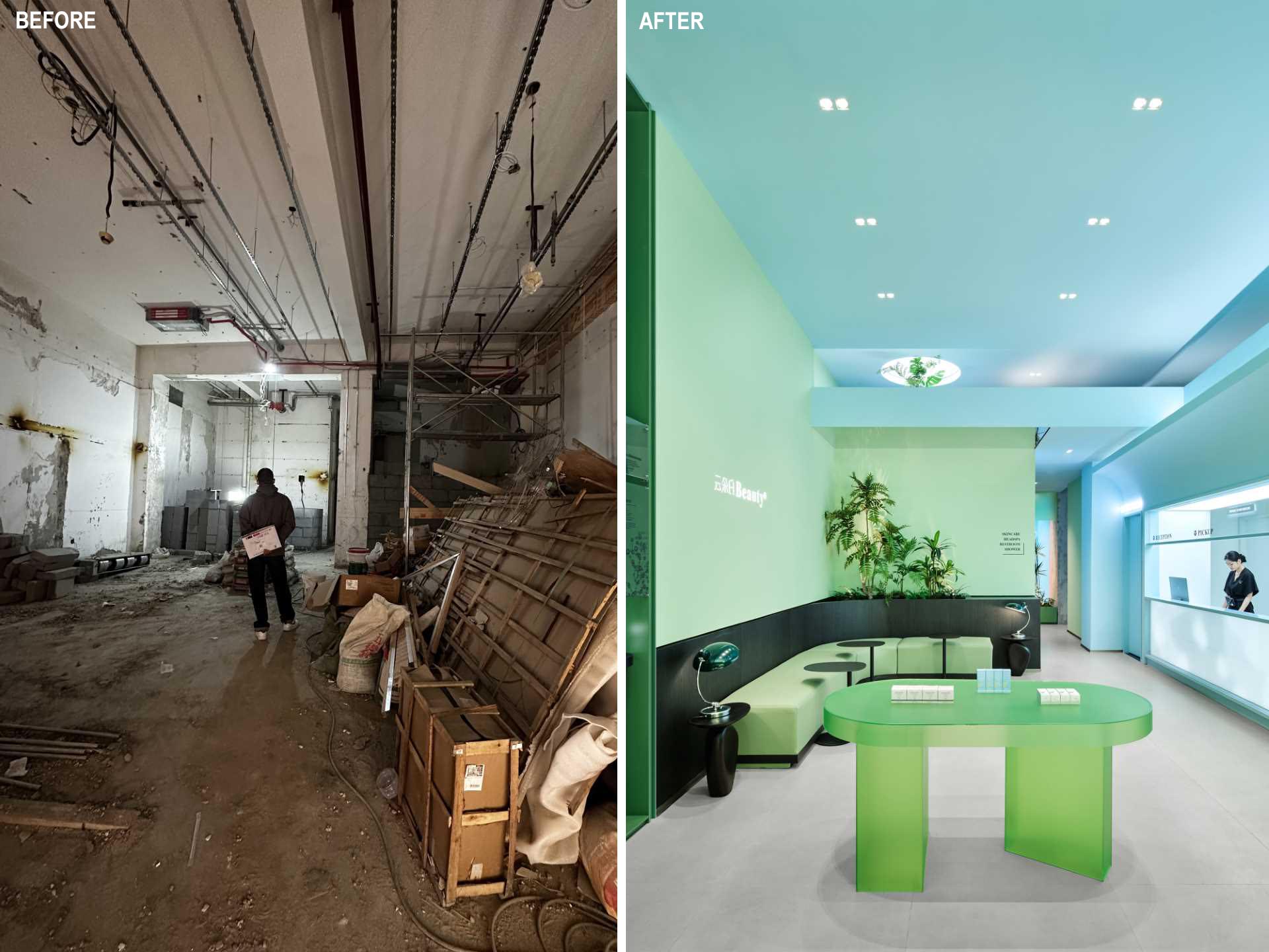 Seizing the opportunity to use color, the designers continued the green facade color through to the interior and the reception area, where it meets a soft blue, creating a sense of calm. 