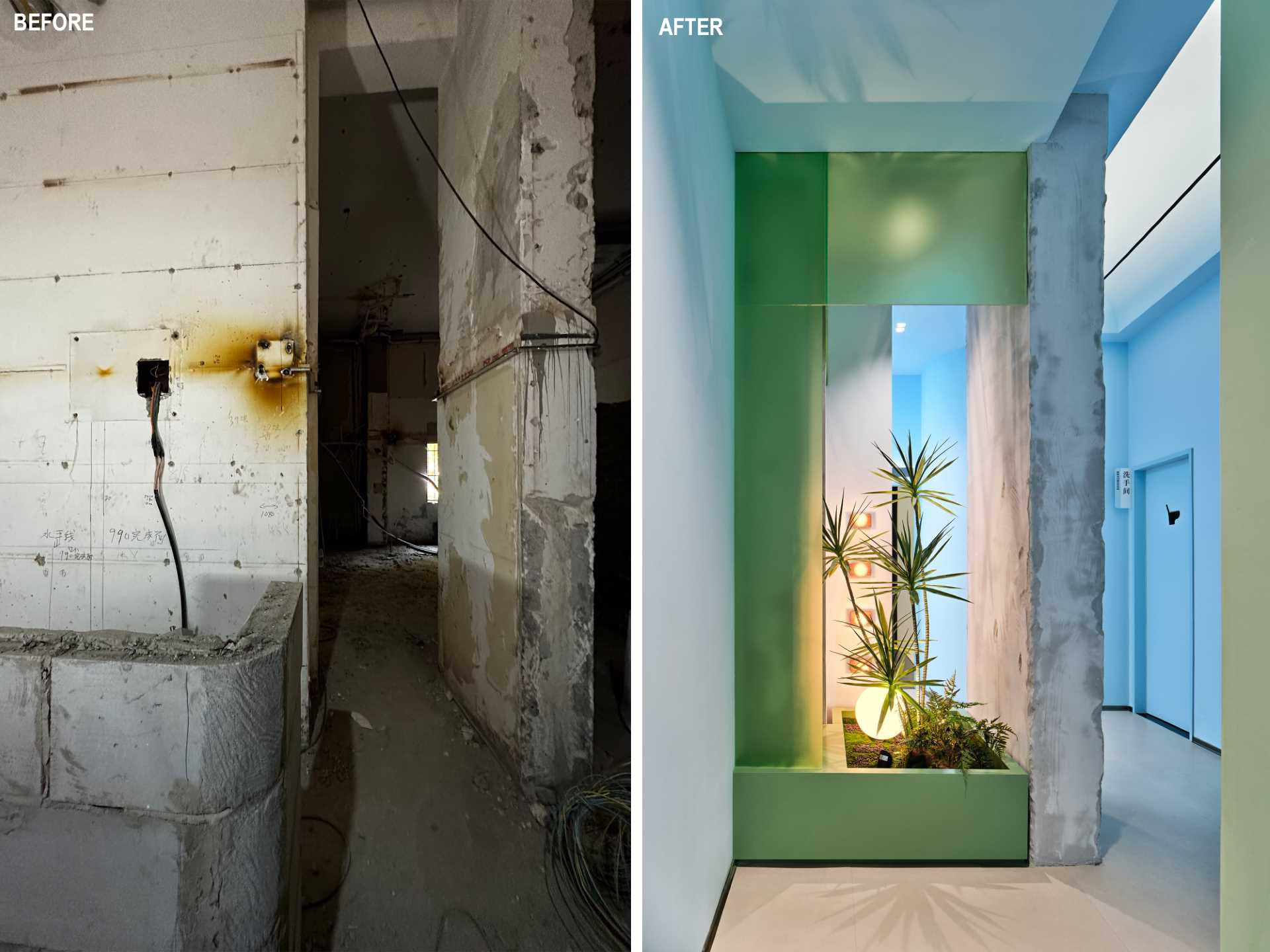 The hallway includes a small planter and original concrete wall, while the light blue hallway leads to the various treatment rooms of this modern skincare center.