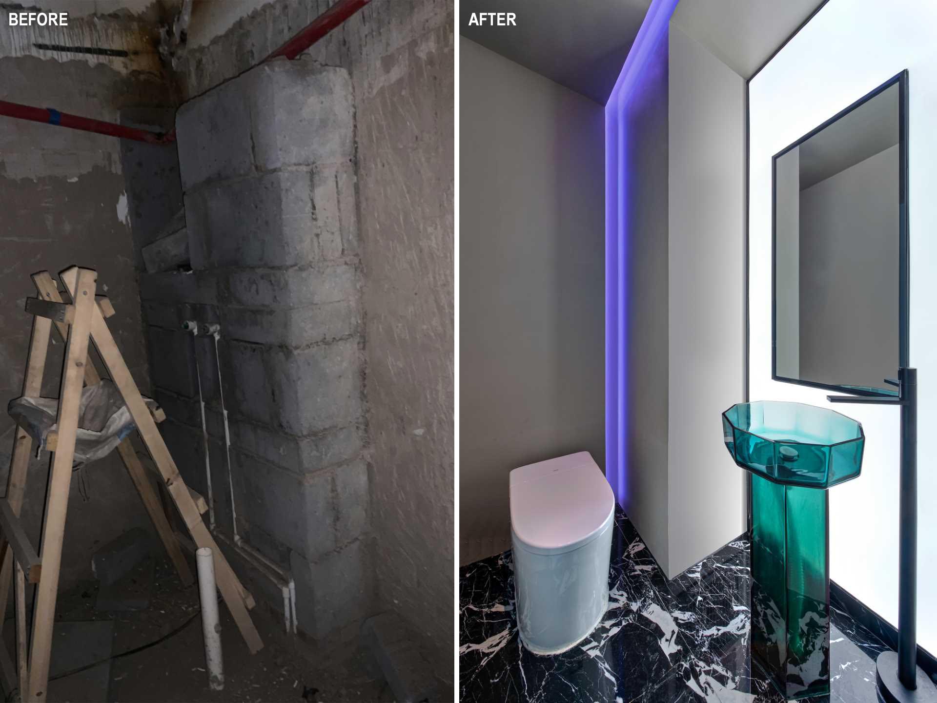 In the bathroom, there's purple LED lighting that lines the wall and a green glass pedestal basin.