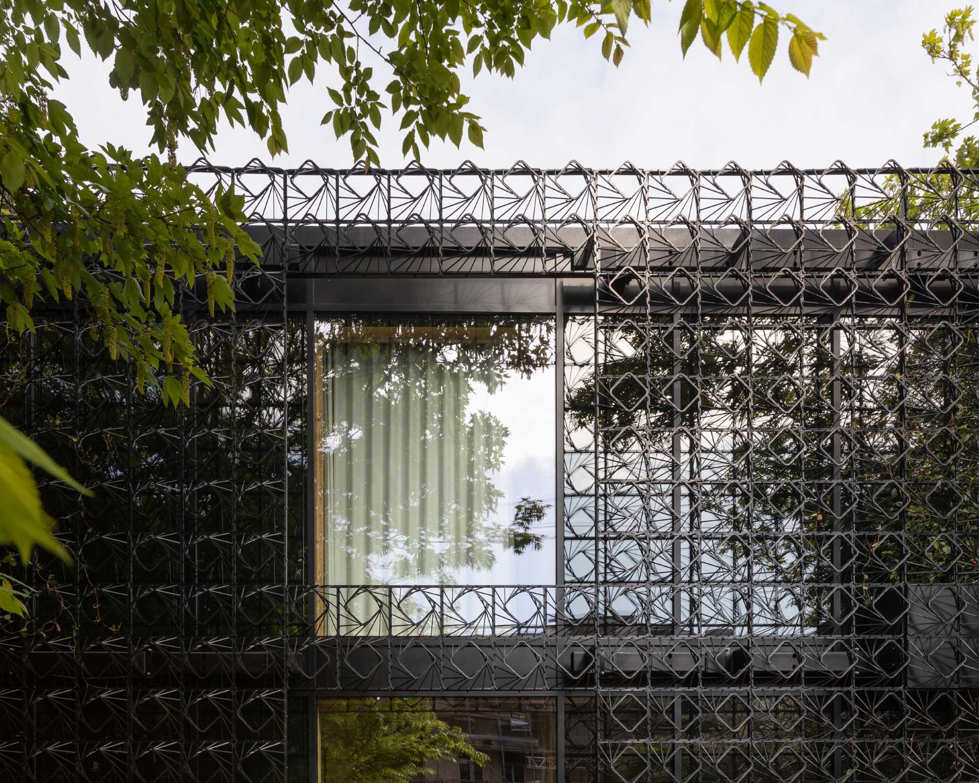 A modern black house with a sculptural facade designed to let plants grow on the exterior over time.