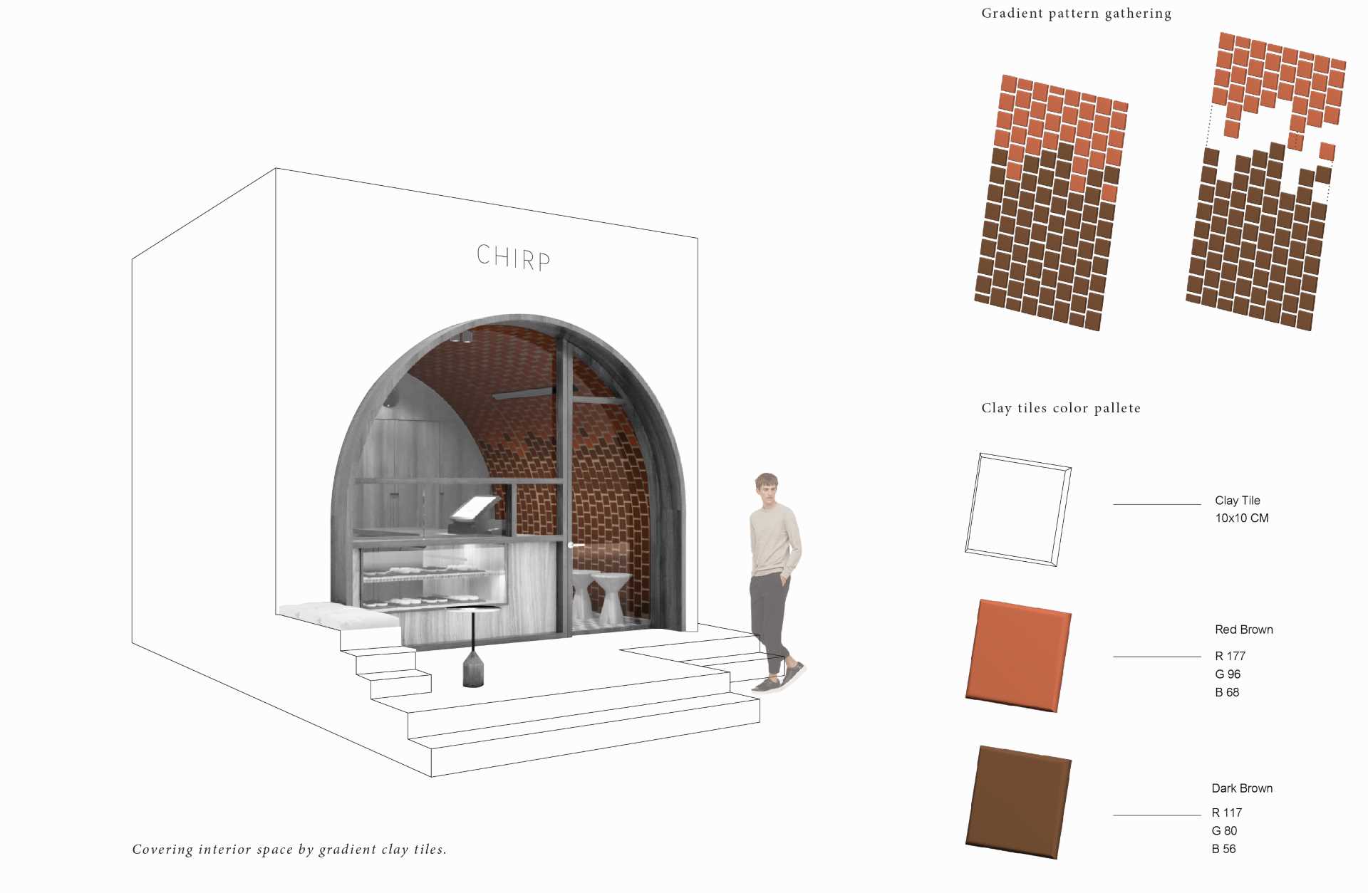 A small cafe with facade that features an arched window detail, and an interior with gradient tiles.