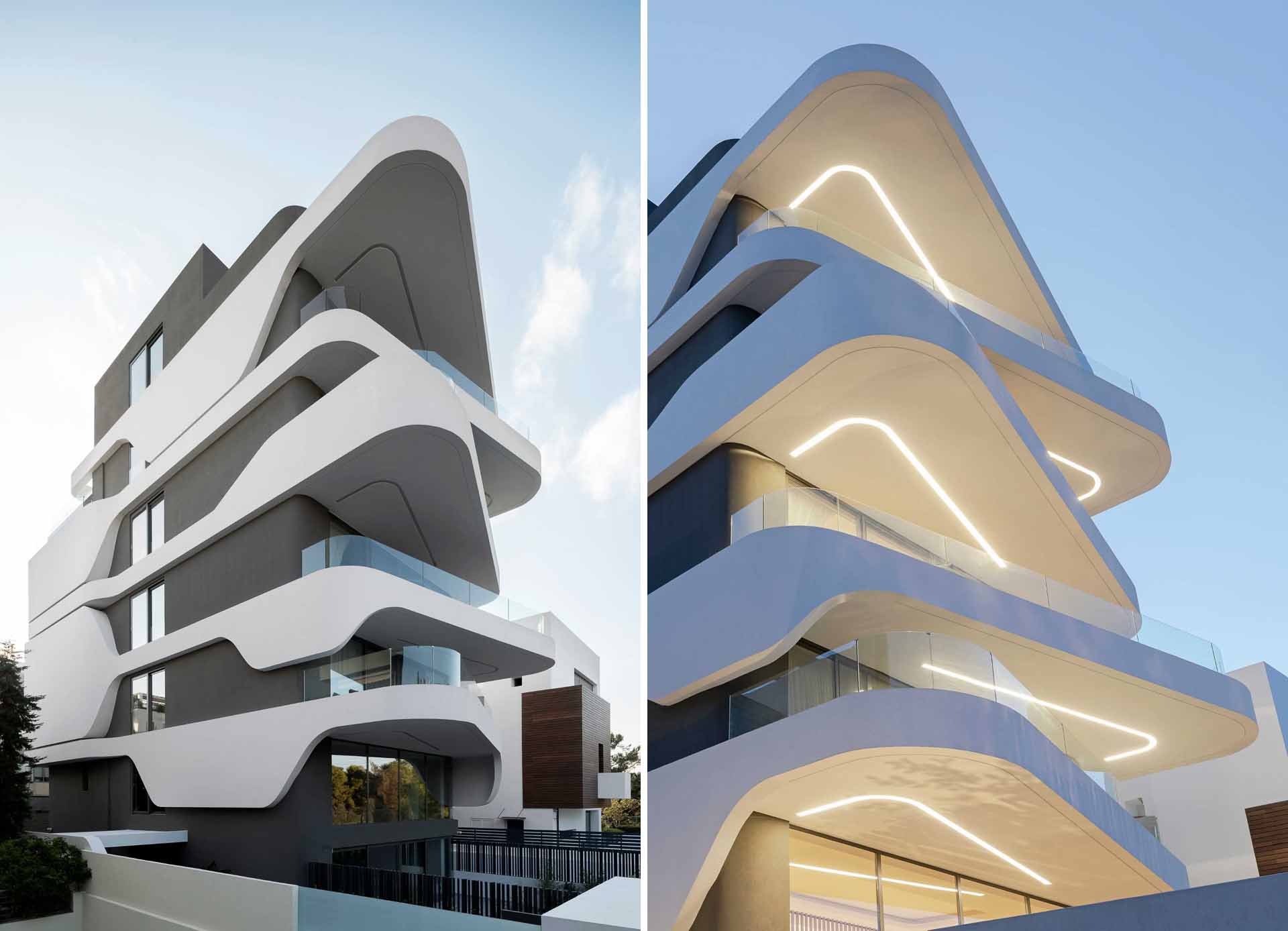 Key to the design of this modern apartment building are the curvilinear balconies that alternate directions creating a lively facade.