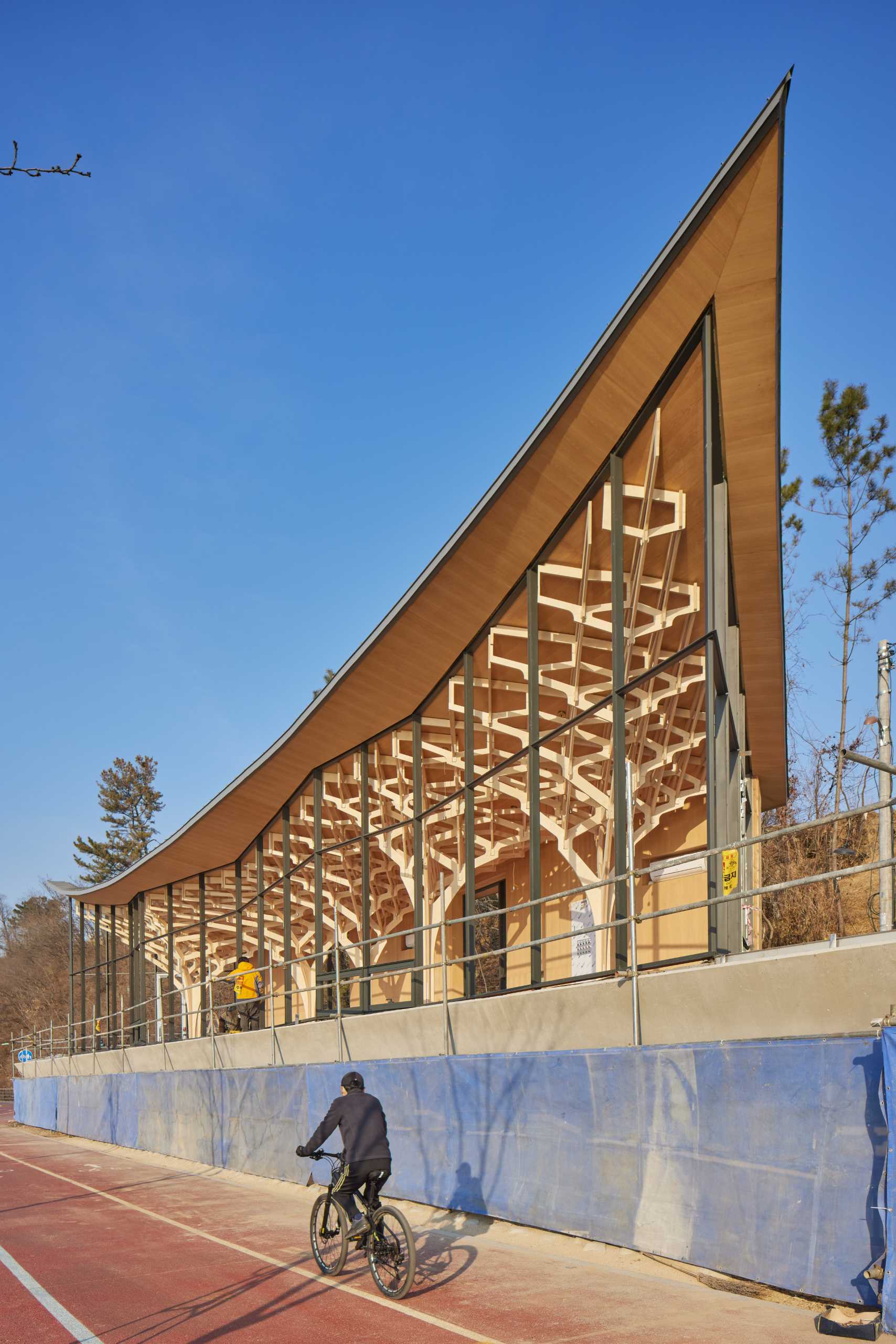 Six tree-like columns showcase wood craftsmanship inside a riverside pavilion with a glass front and curved roof.