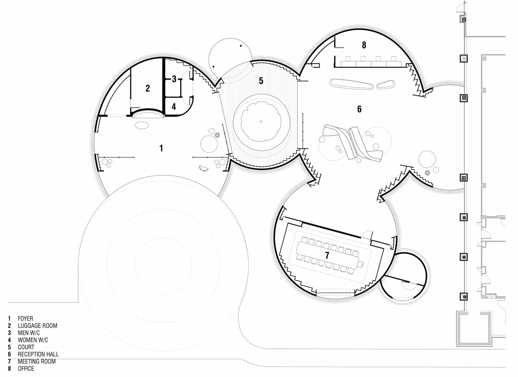 The architectural drawings of a modern hotel lobby inspired by a coconut.