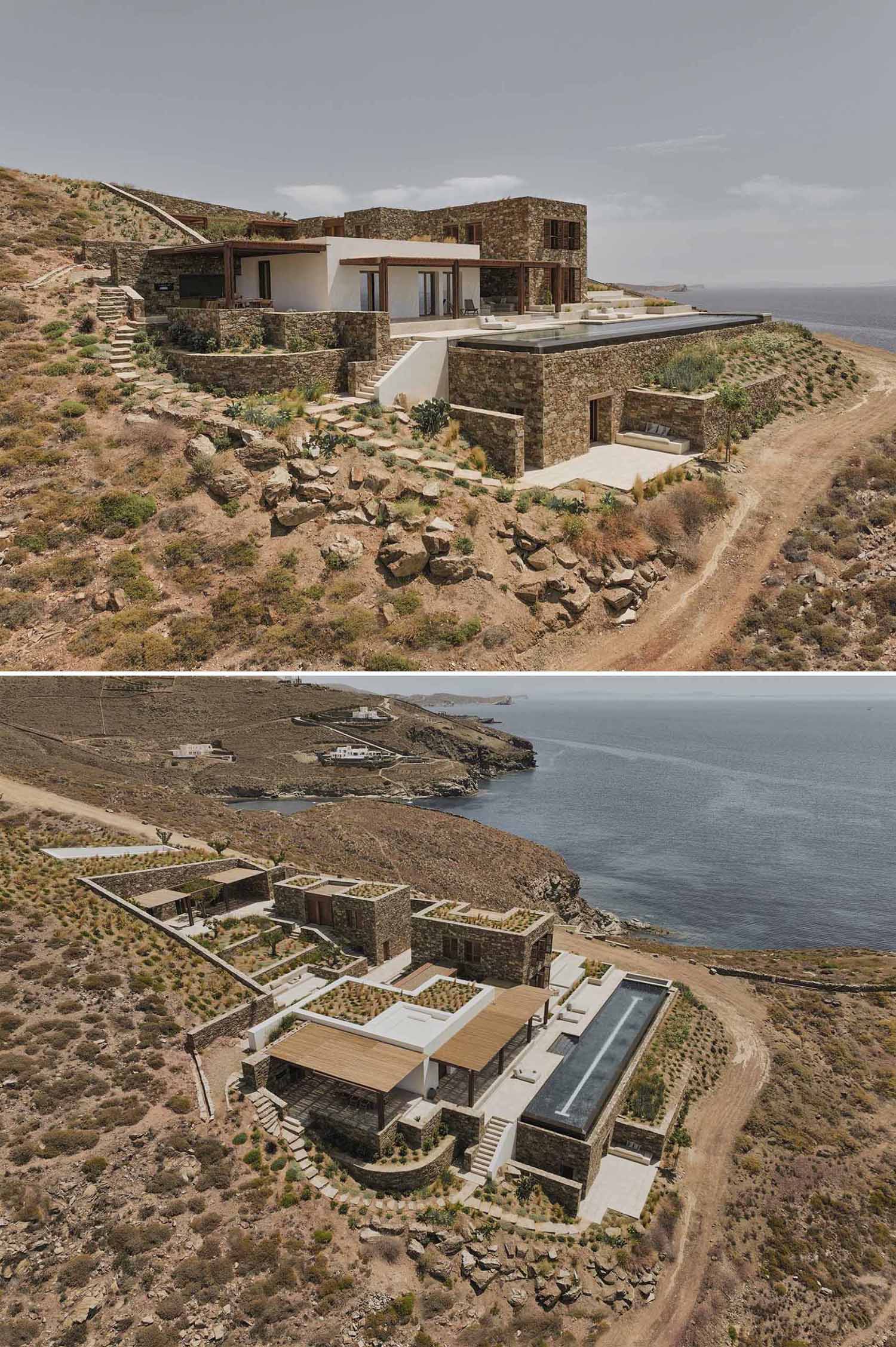 Key to the design of this modern home are the multiple green roofs that help the home seamlessly blend into the surrounding landscape.