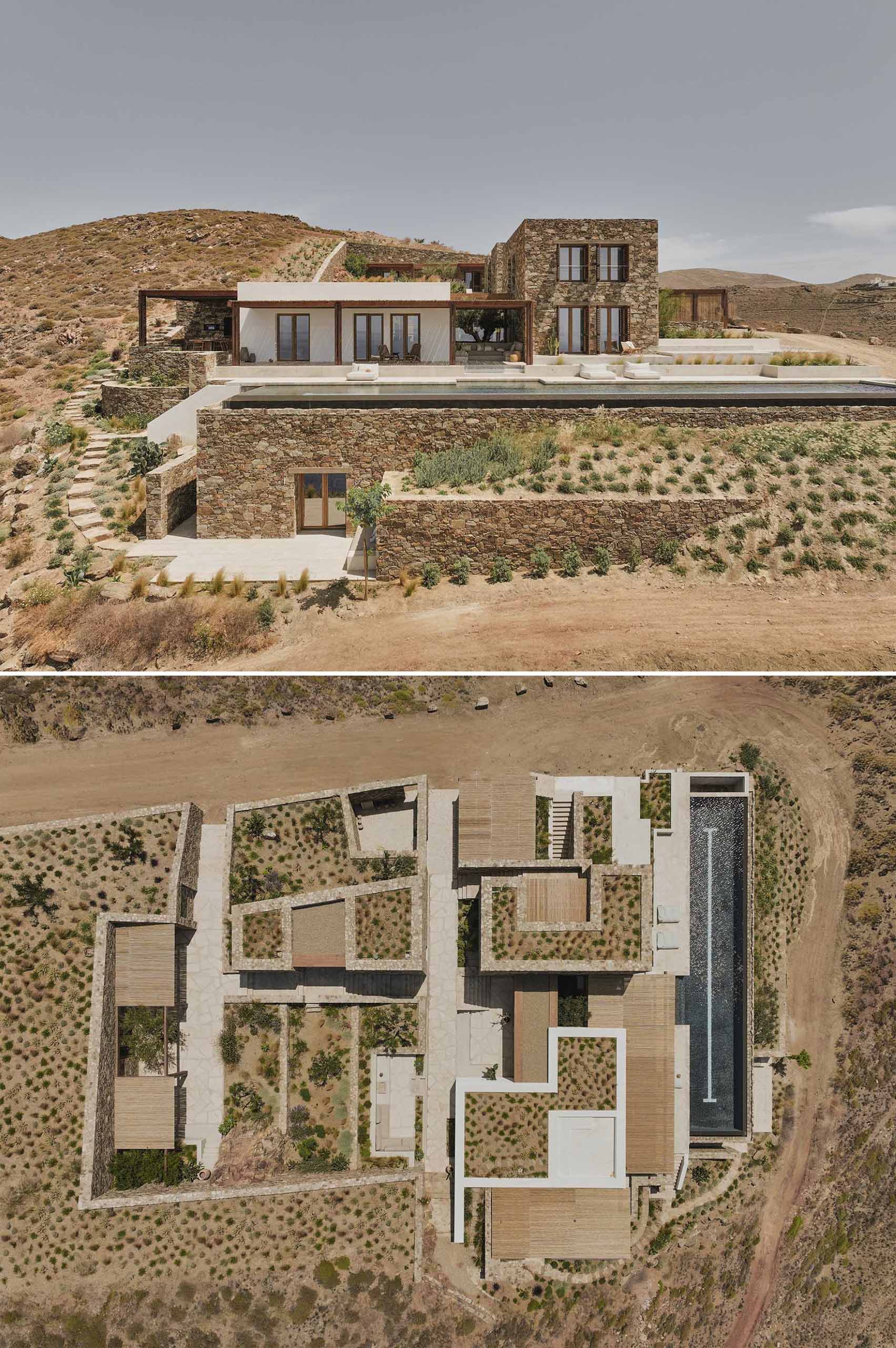 Key to the design of this modern home are the multiple green roofs that help the home seamlessly blend into the surrounding landscape.