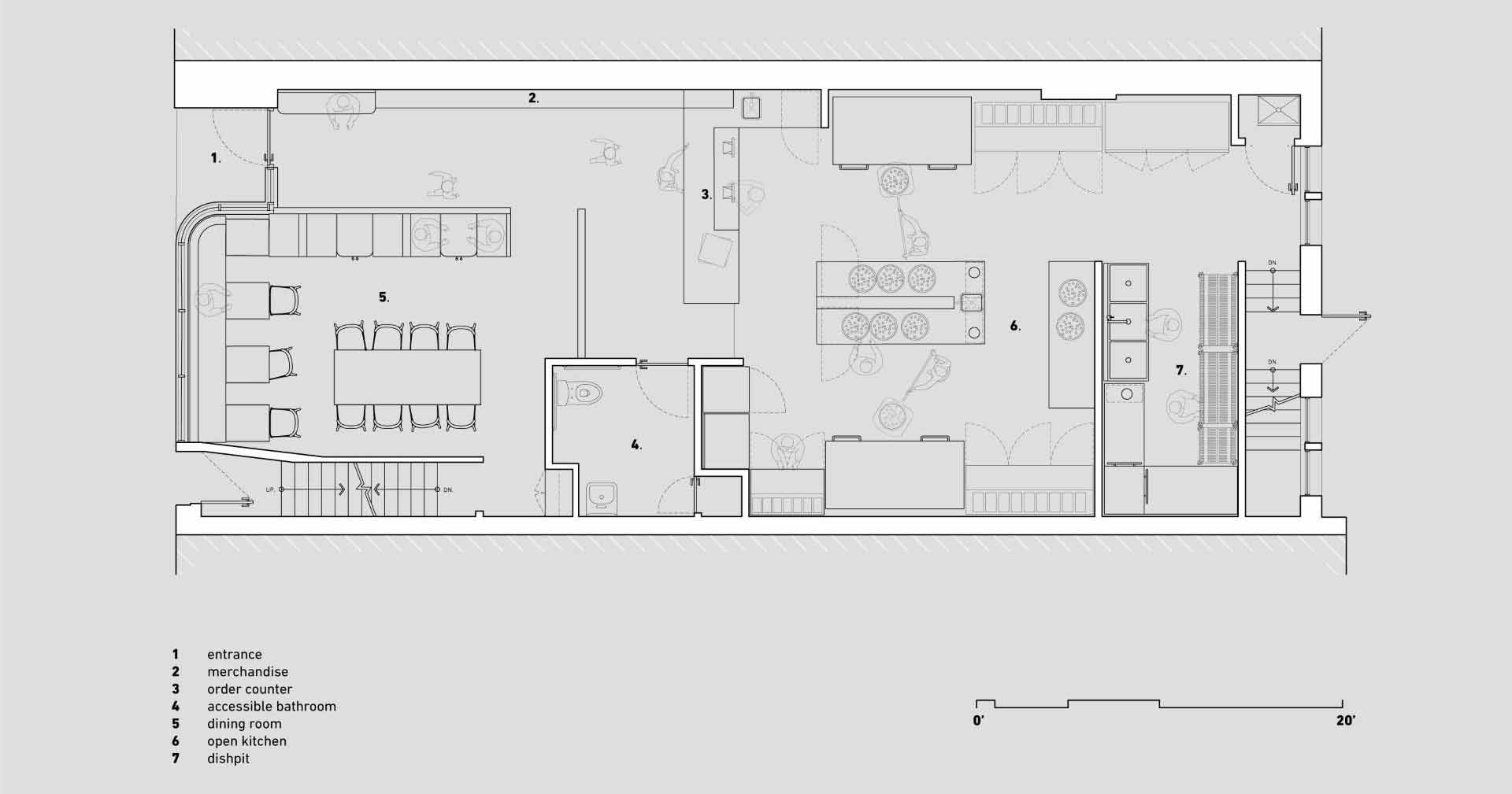 The floor plan of a modern pizzeria.