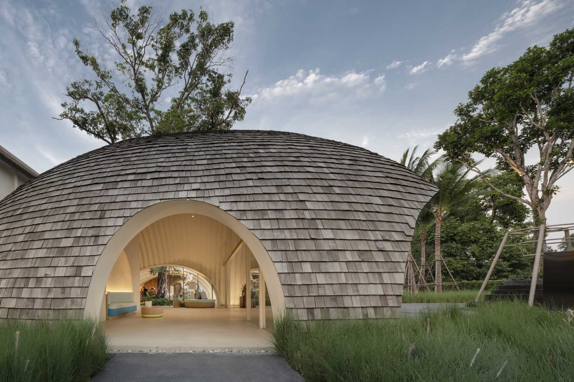 A modern hotel lobby whose design is inspired by the shape and interior of a coconut, and features a shingle-clad exterior.