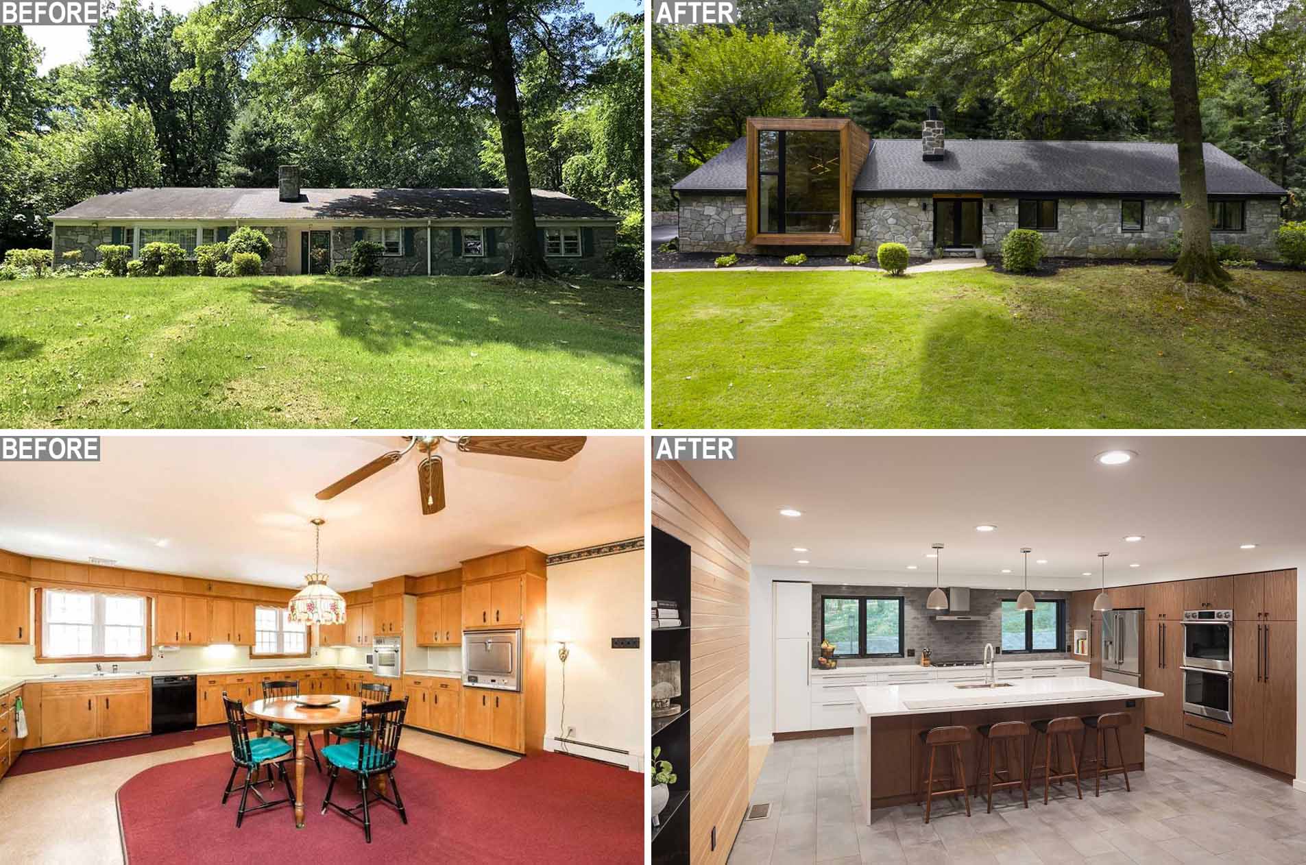 A remodeled 1950s ranch home with stone walls, a cedar-clad accent, and modern interior.