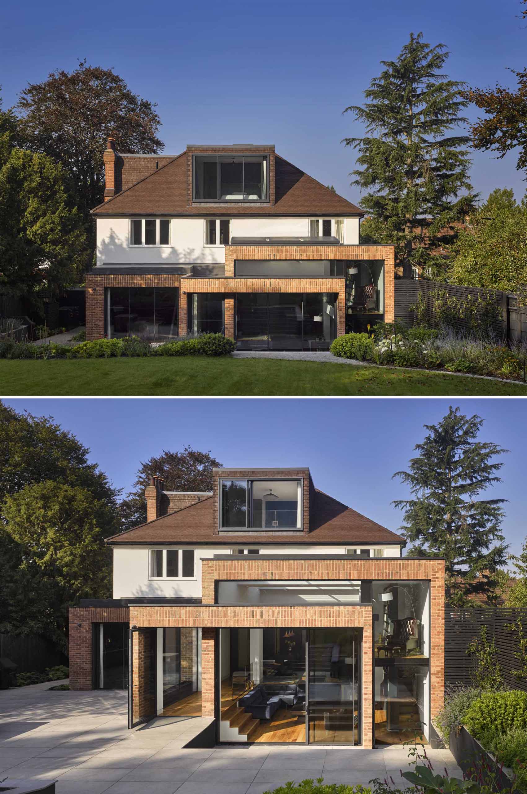 A 1920s British home received a modern rear addition with a sunken living room.