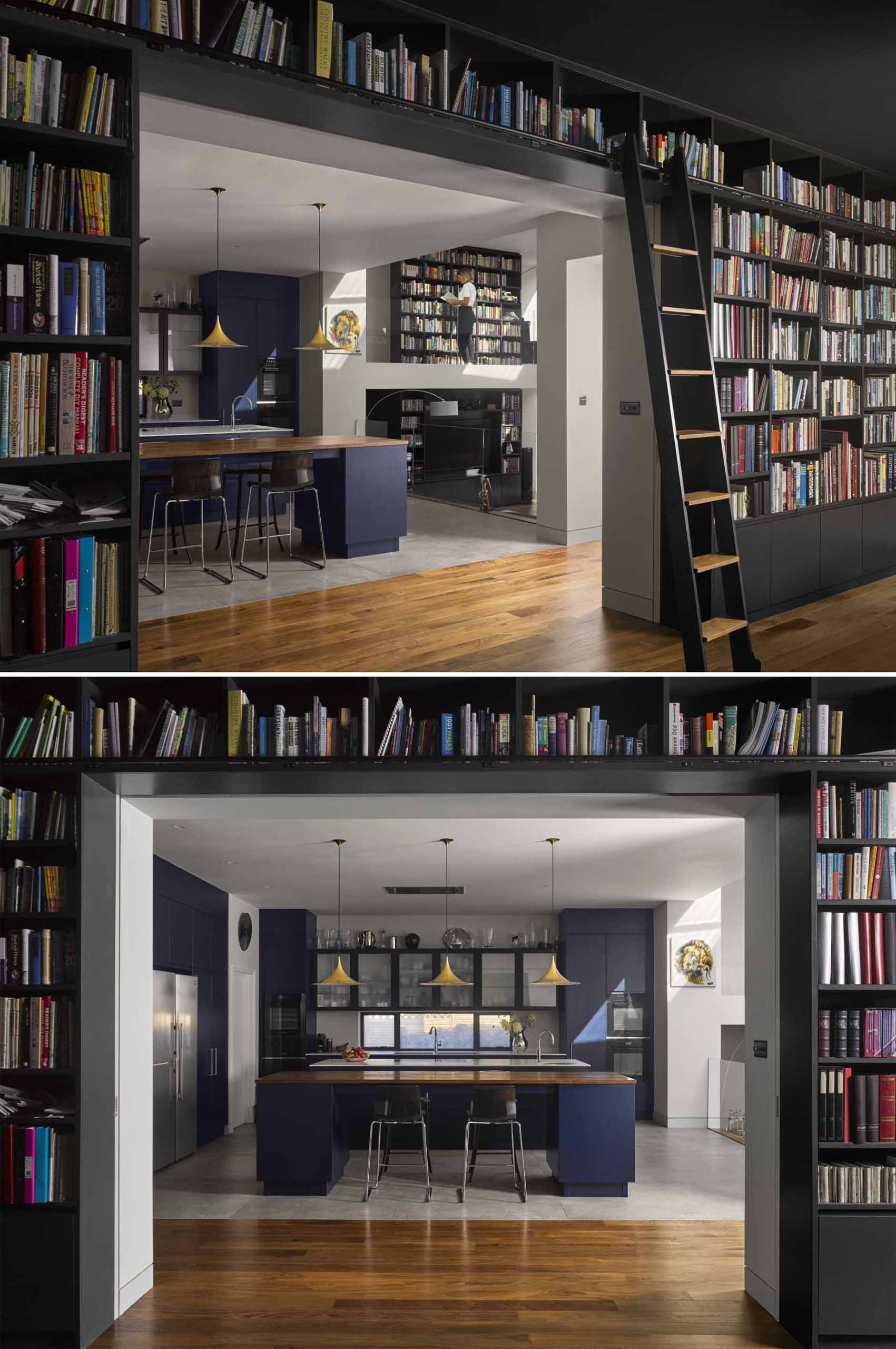 A dark blue kitchen and an interior filled with books.