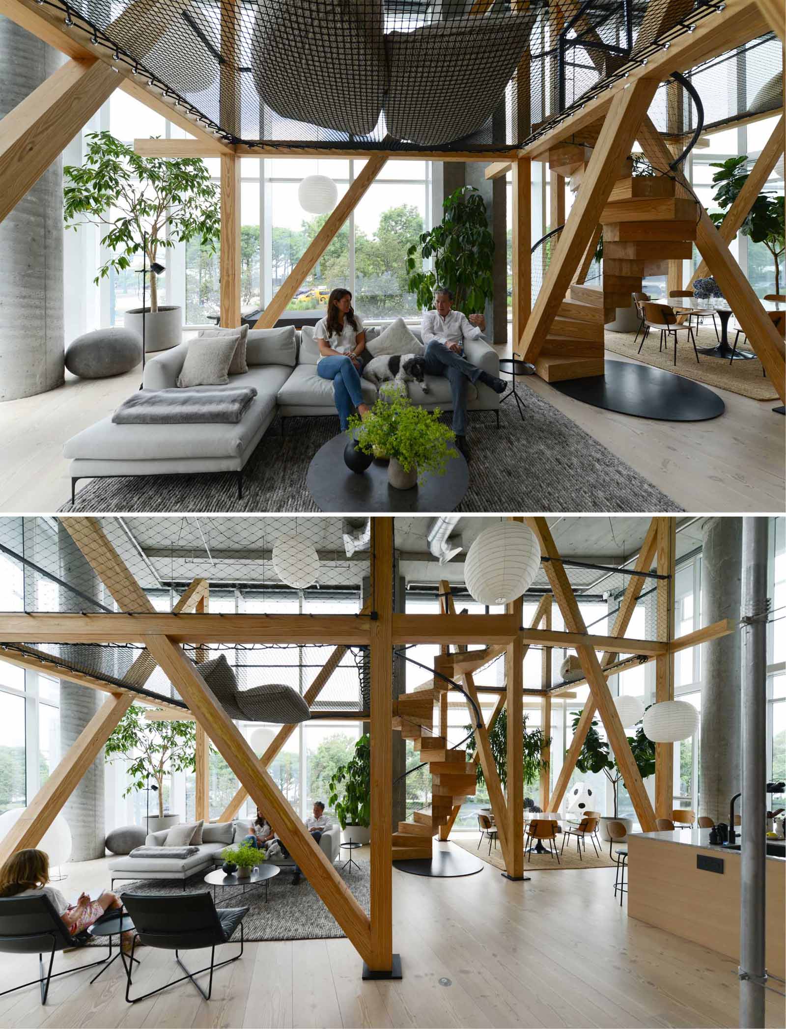 A modern apartment with 22 foot glass walls includes wood structure and netting that was inspired by a treehouse.