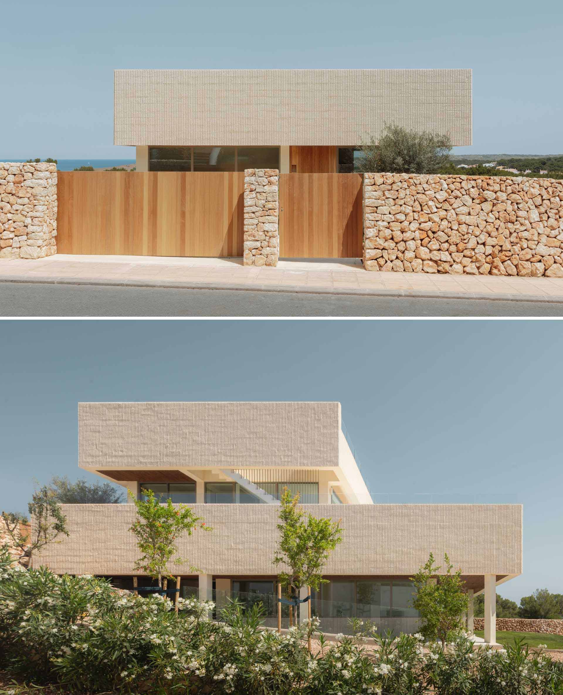 A modern multi-storey home in Menorca, Spain, that features a textured facade of fluted concrete walls.