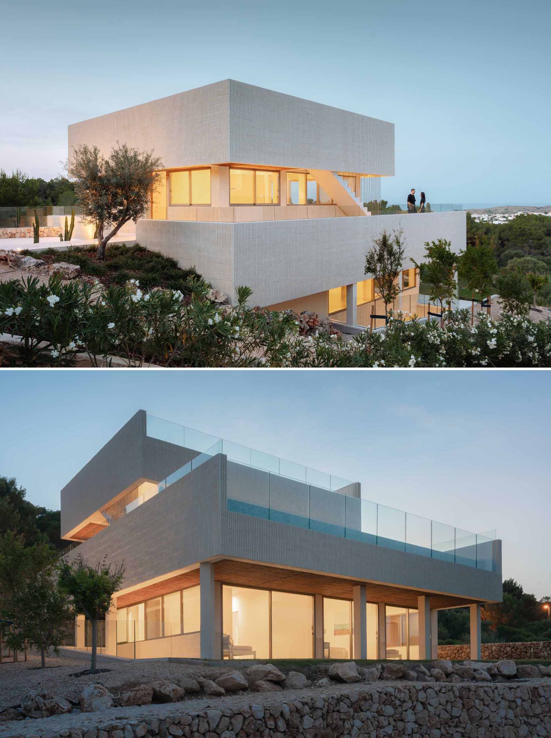 A modern multi-storey home in Menorca, Spain, that features a textured facade of fluted concrete walls.