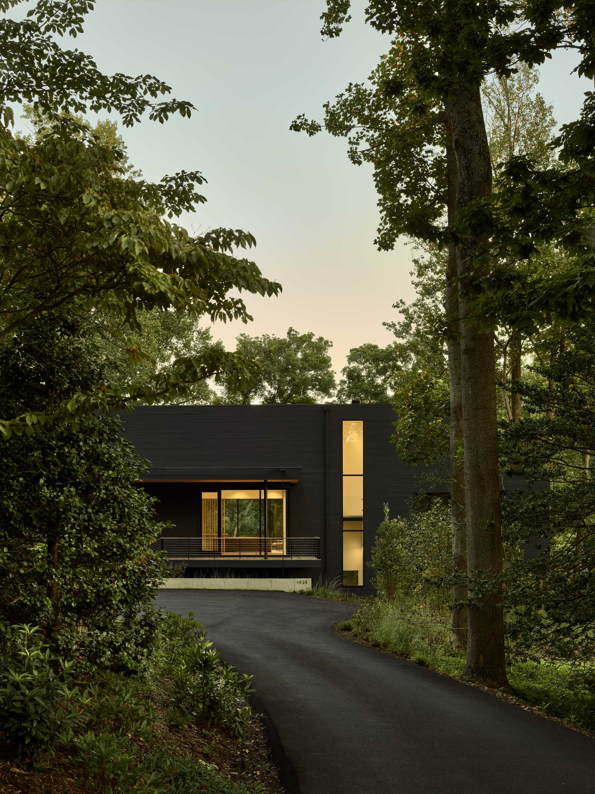 A modern home with a dark wood exterior.