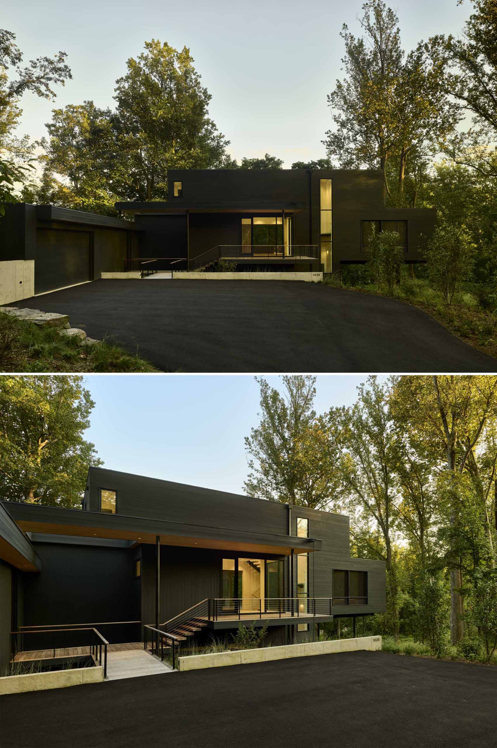 A modern home with a dark wood exterior.