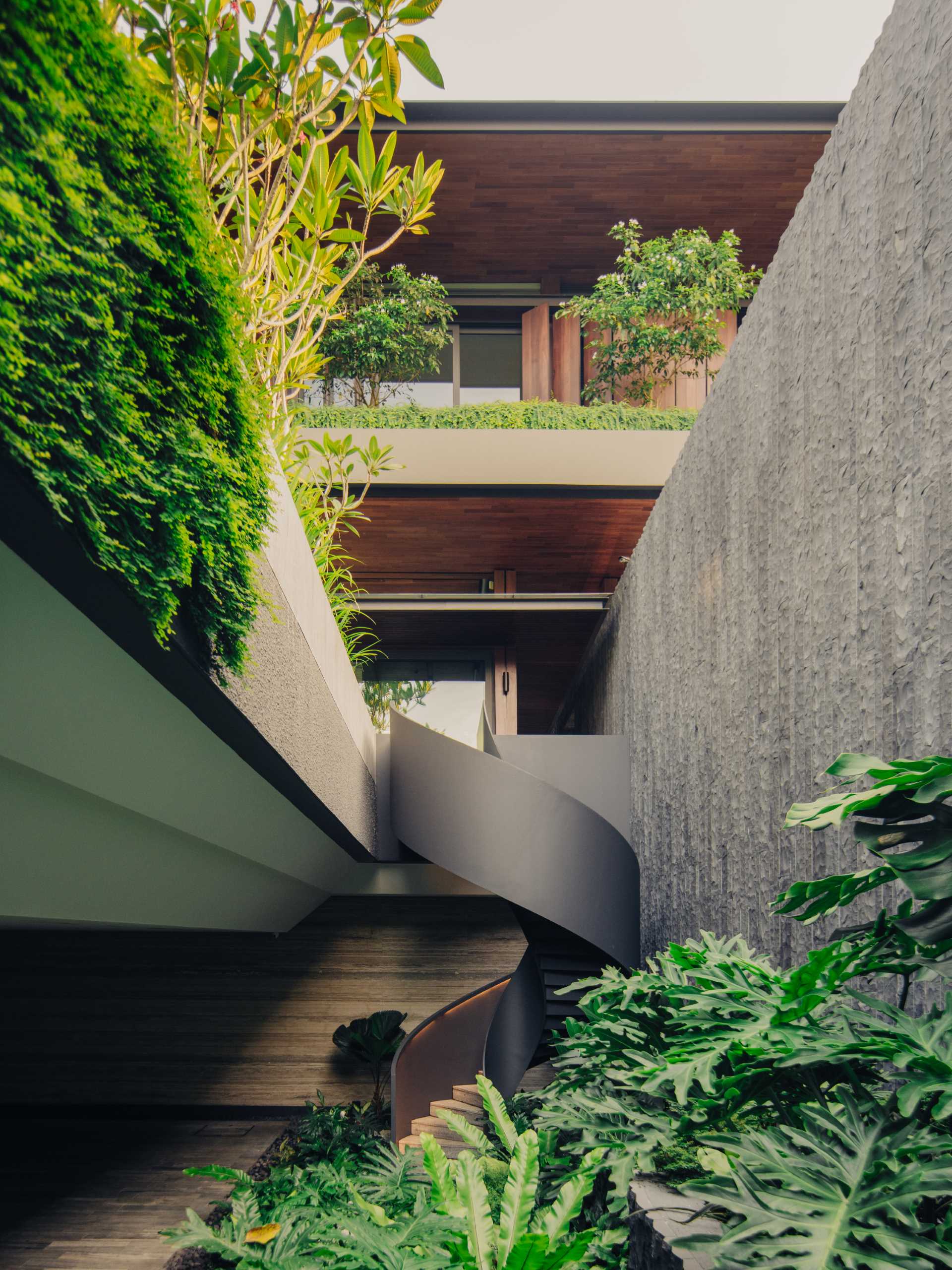 A modern home with external spiral stairs that's surrounded by plants.